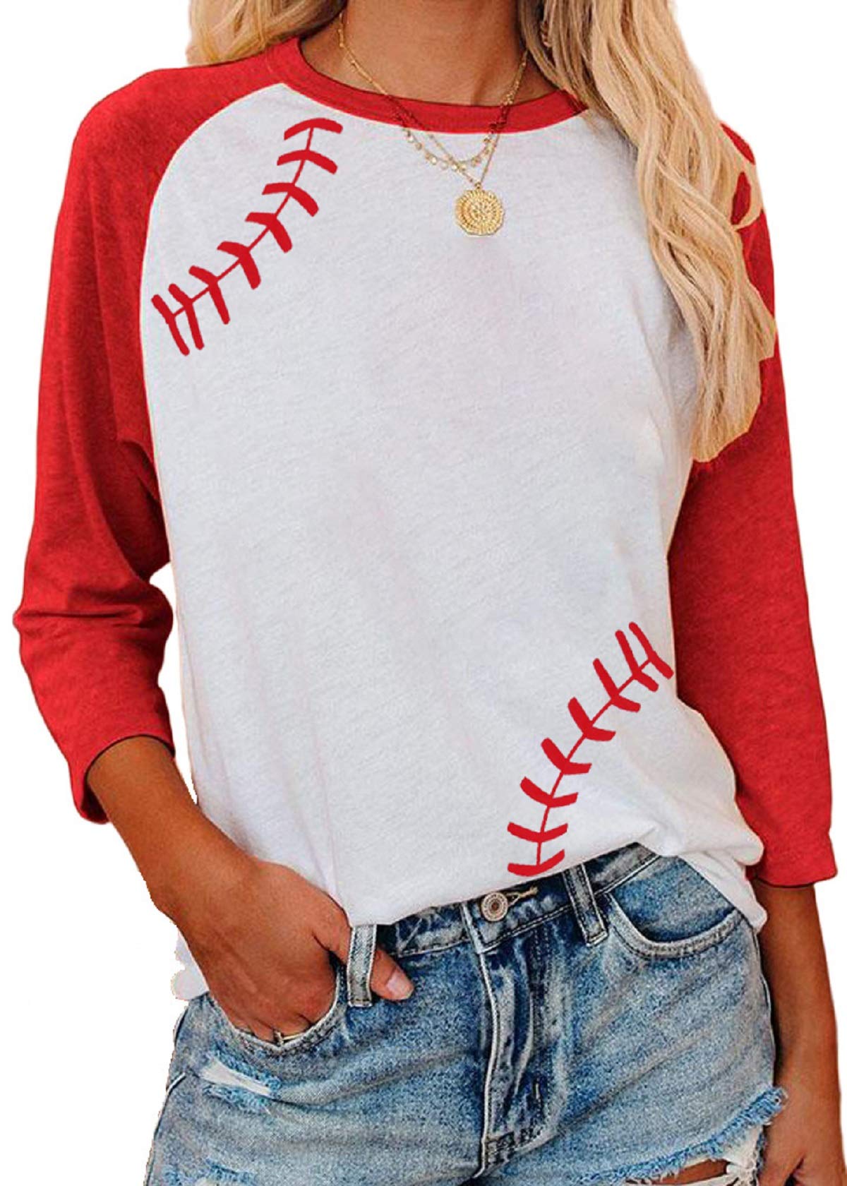 ETATNG Womens Raglan Shirts 3/4 Sleeve Baseball Tee Round Neck Patchwork Casual Blouse Tops