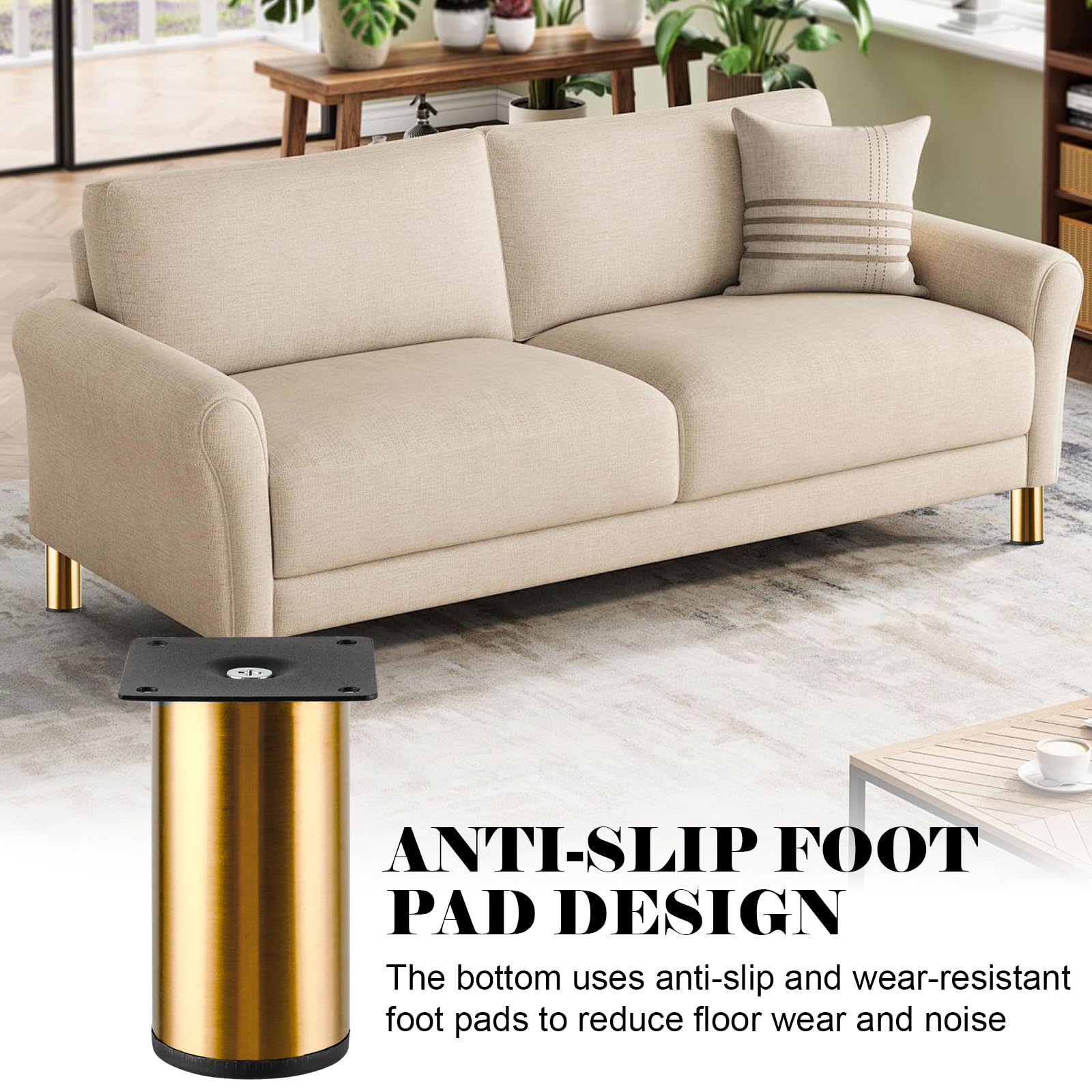 YAYODS Set di 8 piedini per mobili dorati da 10 cm, robuste gambe per mobili in metallo, regolabili in altezza + 10 mm, piedini resistenti per comò, divano, tavolino da caffè e mobile TV, viti incluse