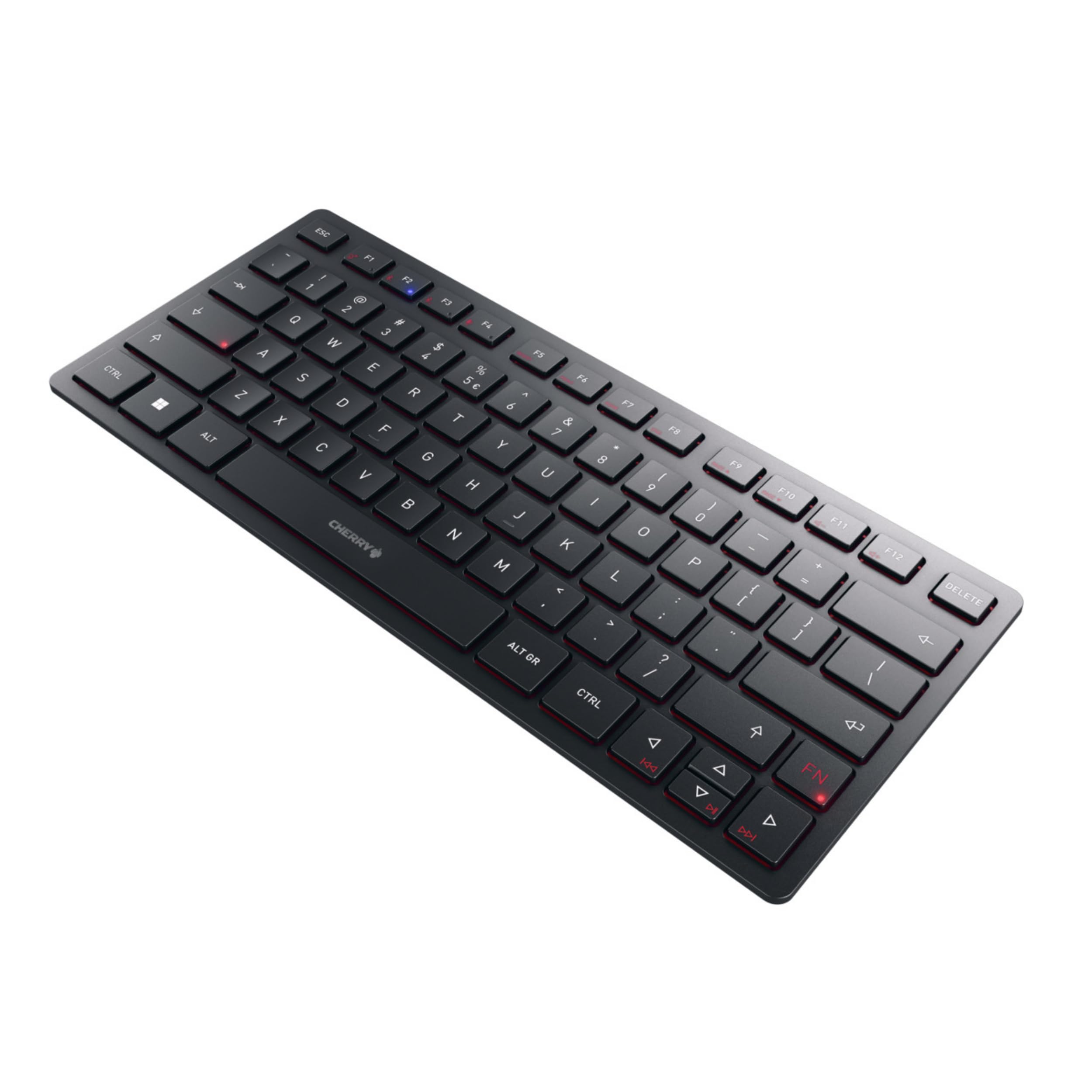 CHERRY KW 9200 MINI, kompaktowa klawiatura do 4 urządzeń, układ międzynarodowy US (QWERTY), opcjonalne połączenie przez Bluetooth, radiowe lub kablowe, możliwość ładowania, czarny