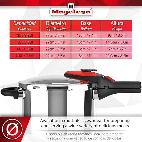 Miniatura 2 de Magefesa Activa2 - Olla a presión de acero inoxidable de 5.3 cuartos de galón, 2 programas de cocción, funciona en todas las estufas, mango rojo