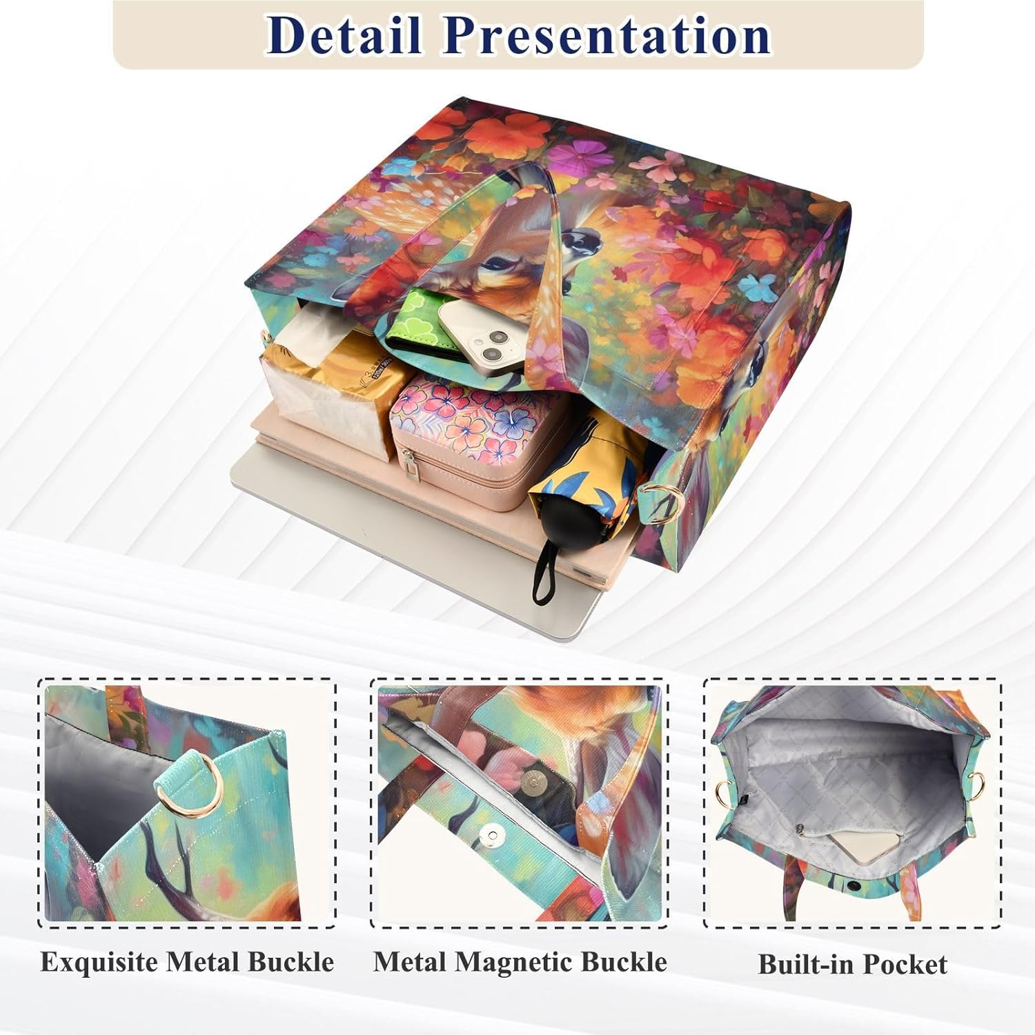 Corduroy Women Tote Bag - Cub Deer Floral, Handbag Purses with Detachable Strap