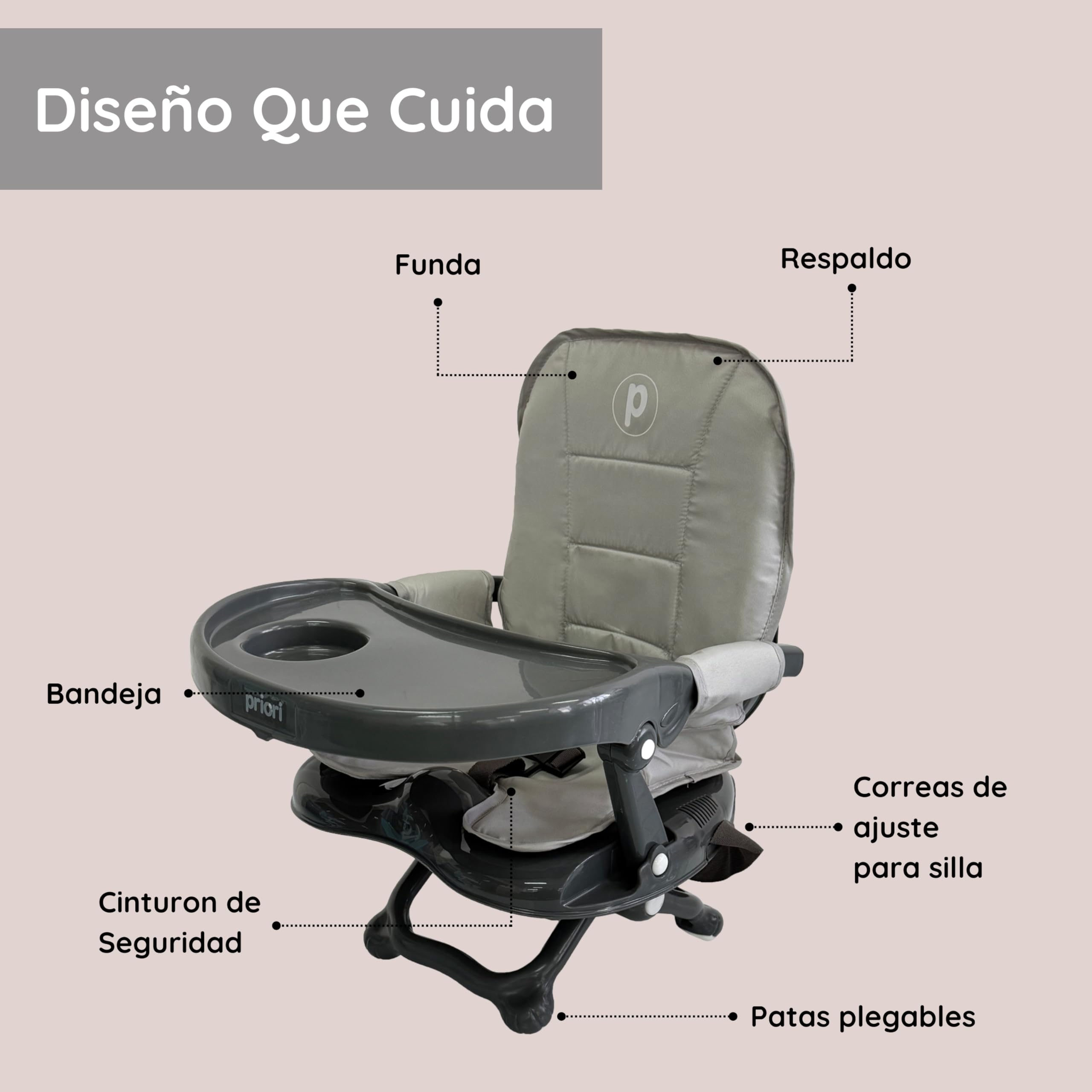 Priori Baby London Seggiolone portatile pieghevole per bambini con gambe ribellibili - Sedile sollevatore per mangiare con imbracatura a 3 punti, cinghie di sicurezza, copertura lavabile, leggera, per