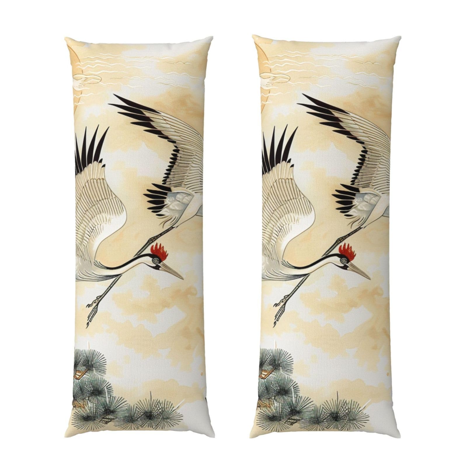 Body Pillow Cover 20x54 Inch, two Japanese cranes flying traditional painting Print Long Lumbar Pillow Case with Zipper Long Body Pillowcase Decorative for Bed Sofa Bedroom