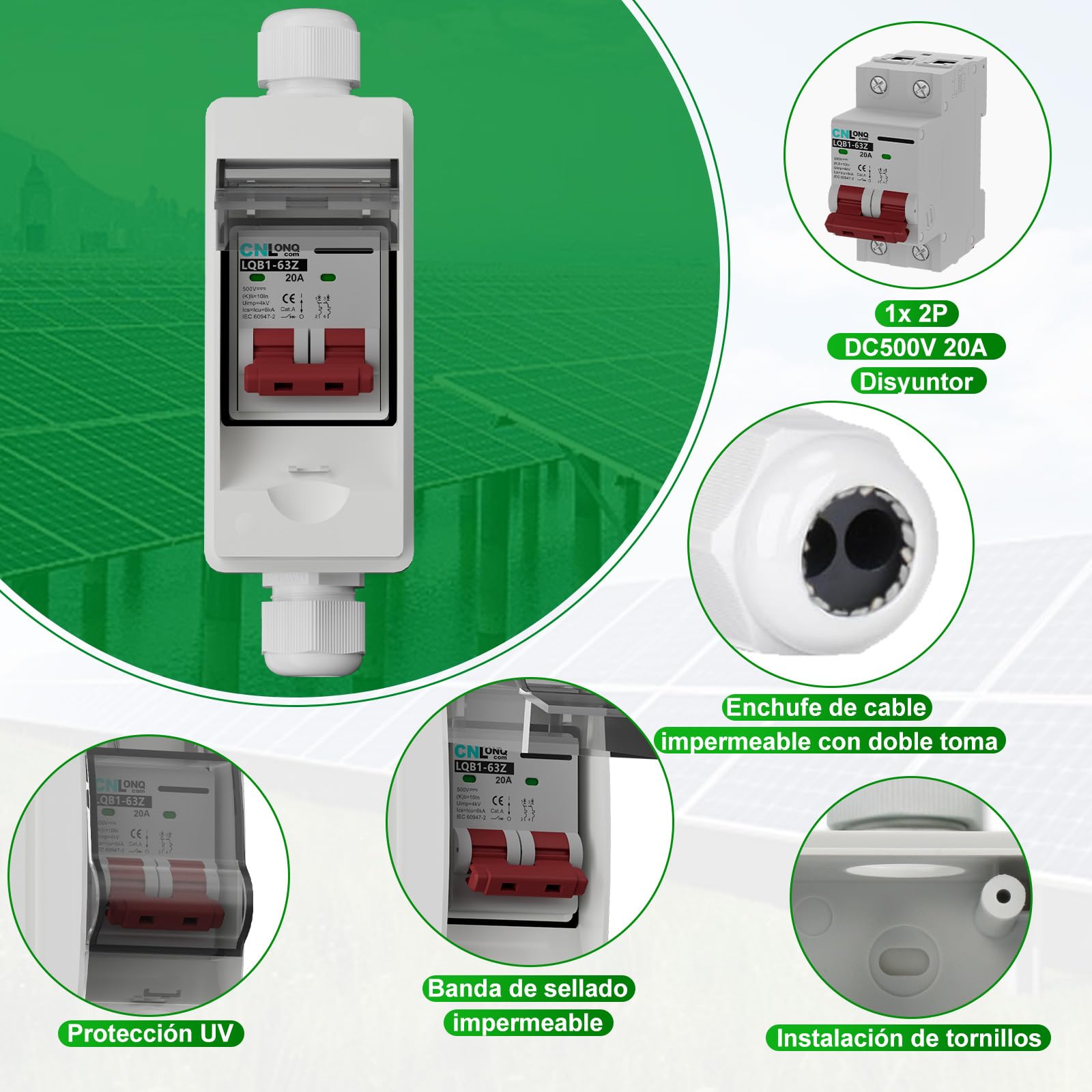 Interruptor Disyuntor DC 500V 20A IP65 1 Entrada 1 Salida para Paneles Solares - Caja de Conexiones Eléctricas con Montaje en Superficie para Sistemas Fotovoltaicos