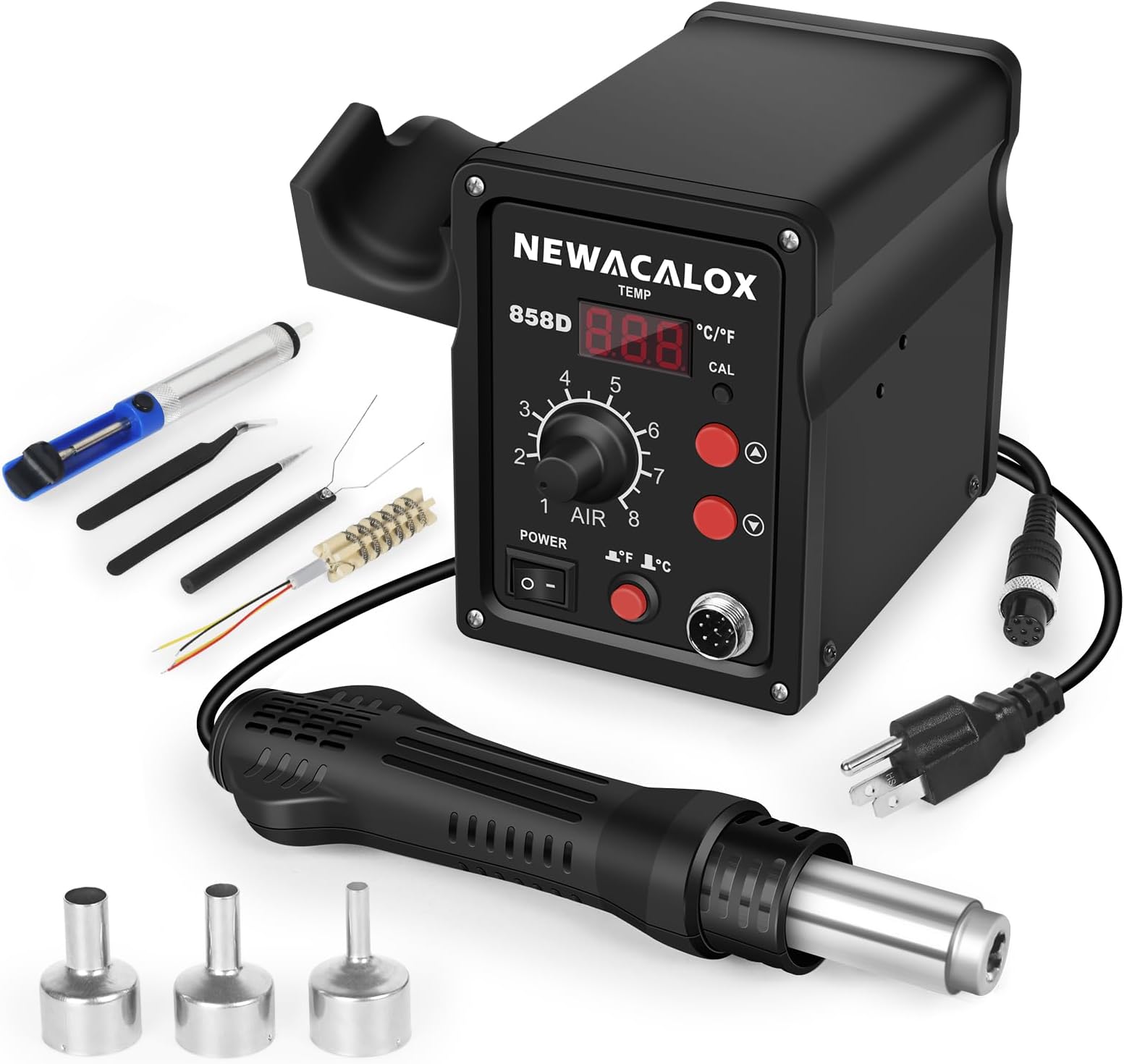 NEWACALOX Hot Air Rework Station 500°C Soldering Station with Hot Air Gun, Airflow Adjustable, Desoldering Station for BGA IC, SOIC CHIP, QFP, PLCC, etc.