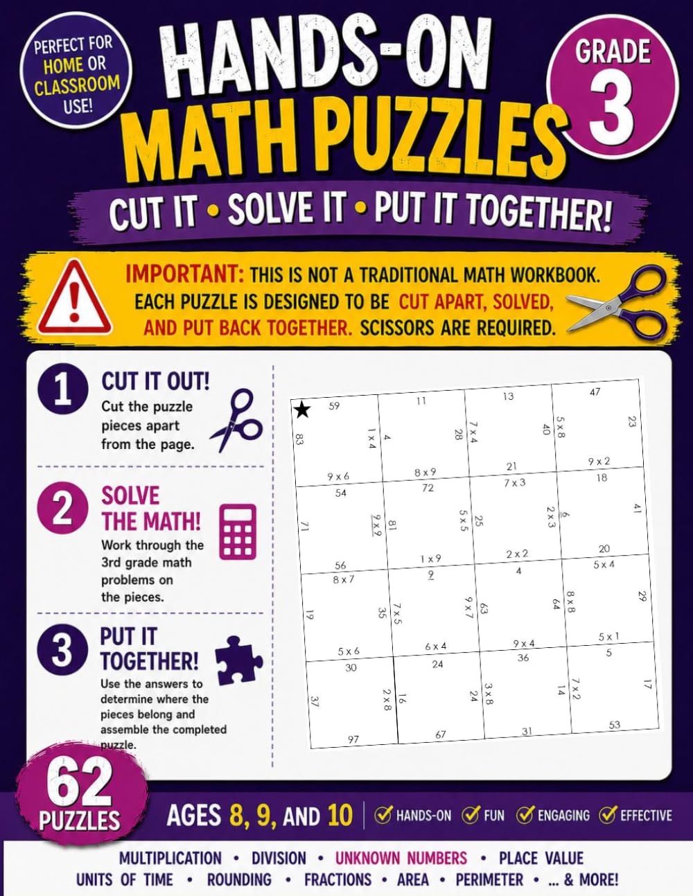 3rd Grade Math Puzzles: Kids Ages 8, 9, and 10: Multiplication, Division, Unknown Numbers, Place Value, Units of Time...