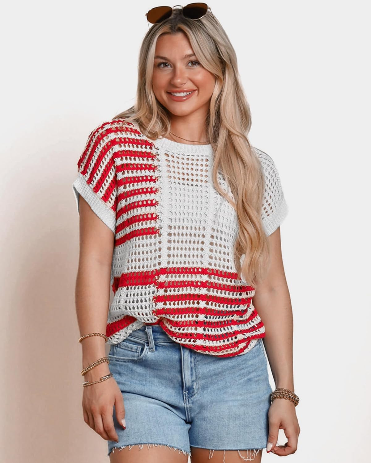 Womens Crochet Hollow Out Sweater Short Sleeve Summer Boho Crewneck Color Block Knit Tops 2026 Casual Beach Shirts - Image 3