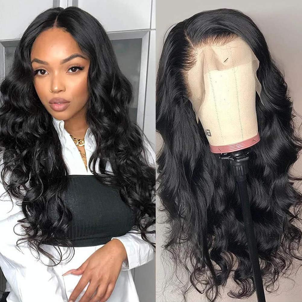 GEM Beauty Brazilian Body Wave Wigs Human Hair Half Lace Front Wigs With Baby Hair Natural Black Wig With Bangs (14inch)