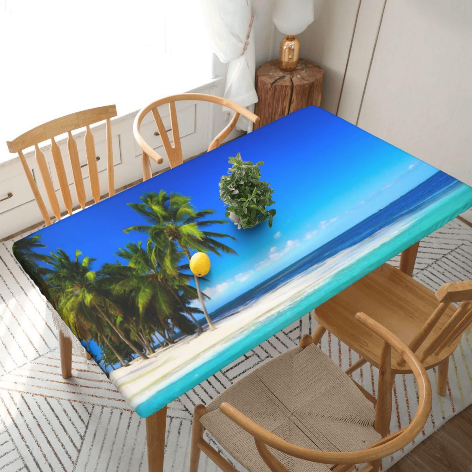 DCEHGEW Elastic Fitted Rectangle Tablecloth for 5ft Tables, Palm Trees and Clear Sea Printed Oilproof & Washable Fabric Picnic Table Cloth Table Covers