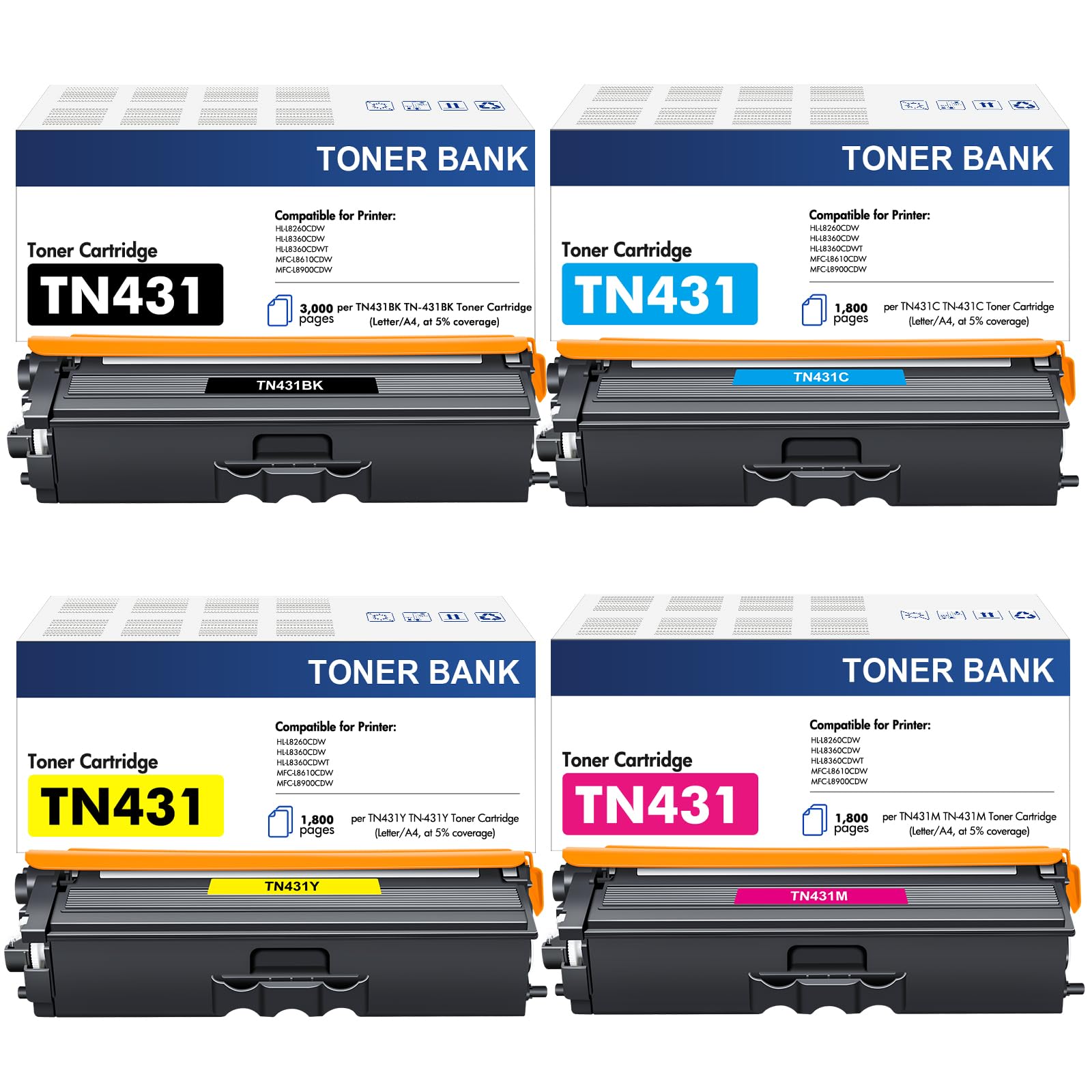 TN-431 TN431 4-Color Toner Cartridge Set for Brother TN 431 MFC-L8900CDW | Compatible for Brother TN-431 Toner Cartridges for Brother MFC-L8900CDW HL-L8360CDW HL-L8260CDW HL-L8360CDWT Printer Ink