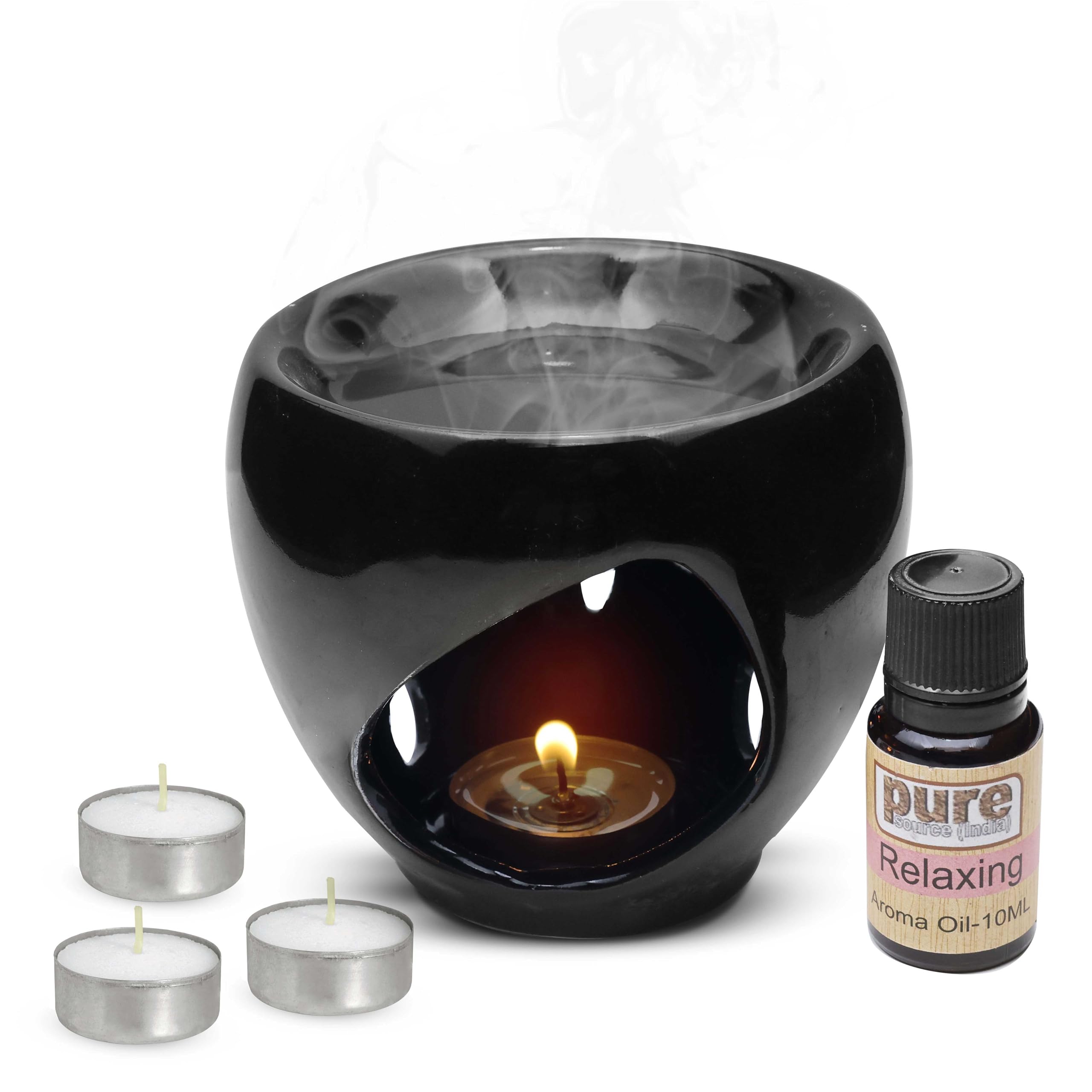 Pure Source India Ceramic Candle Operated Aroma Burner and 10 Ml Aroma Oil Relaxing, Black