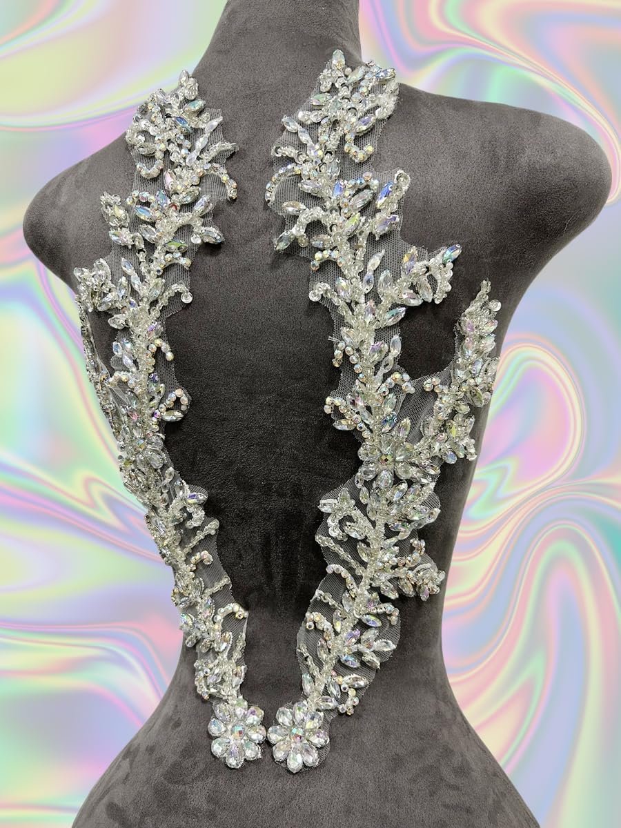 Handmade Beaded Crystal Patches with Rhinestone Applique Designs for Prom Formal Dress 1pair/Bag (Clear AB)