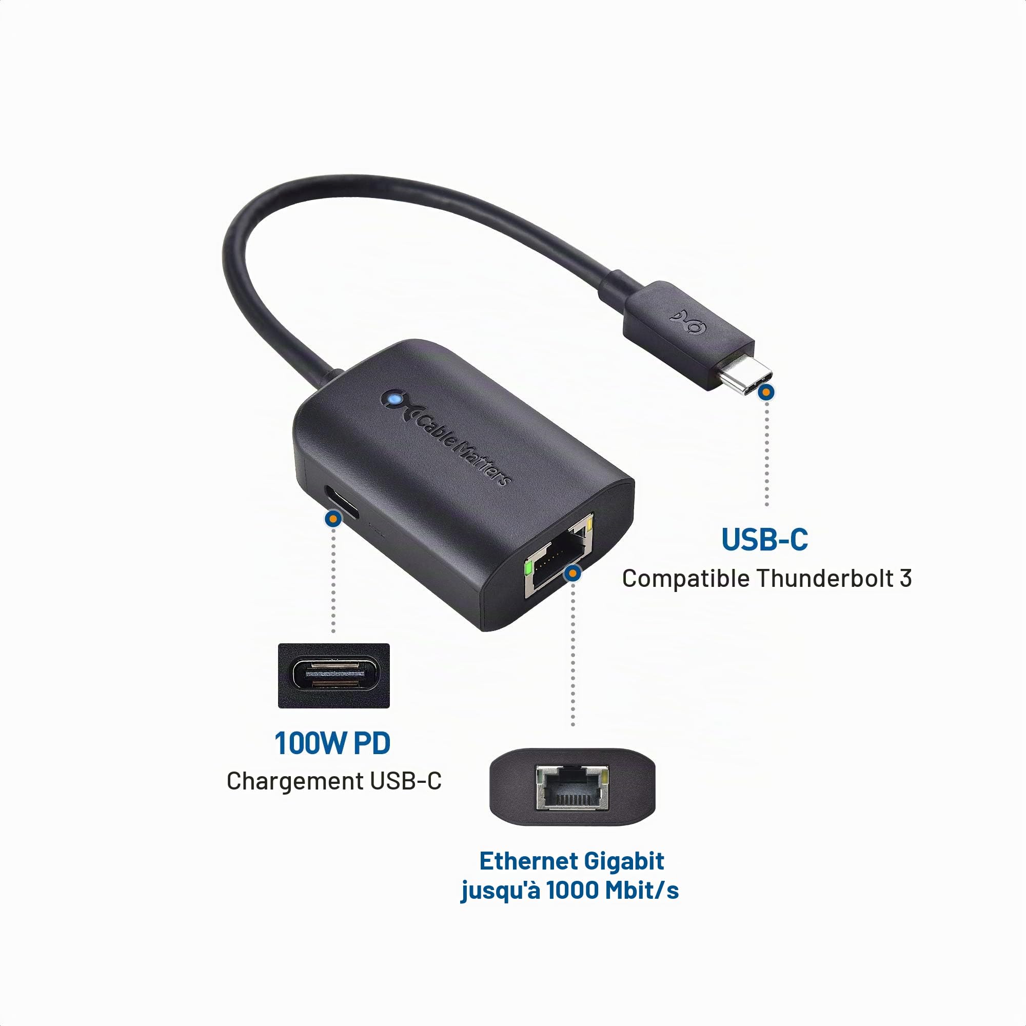 Cable Matters Adaptateur USB C Ethernet Gigabit avec Chargeur 100W - Vitesse Ethernet Filaire jusqu'à 480Mbps pour Chromecast avec Google TV (Version 2020), Ordinateurs Portables et Autres