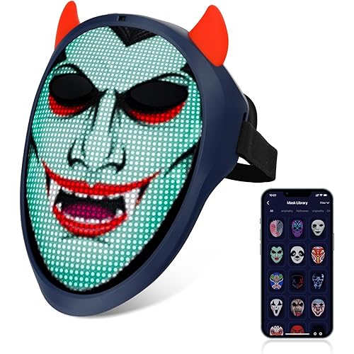 NAFEELION LED Mask with Bluetooth Compatible App Controlled, Rechargeable Halloween LED Light Up Face Mask with Inter Gesture Sensing, Suitable for Costume Cosplay Halloween Party Masquerade