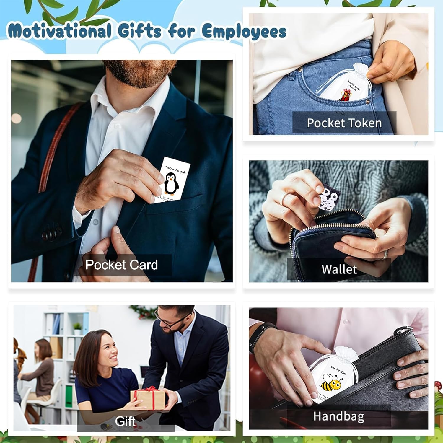 100Pack Positive Gifts Bulk Inspirational Teacher Dietitian End of Year Gift Gifts,with Funny Card Organza Bag for Coworker Staff（Penguin,Rooster, Bee, Owl, Cow