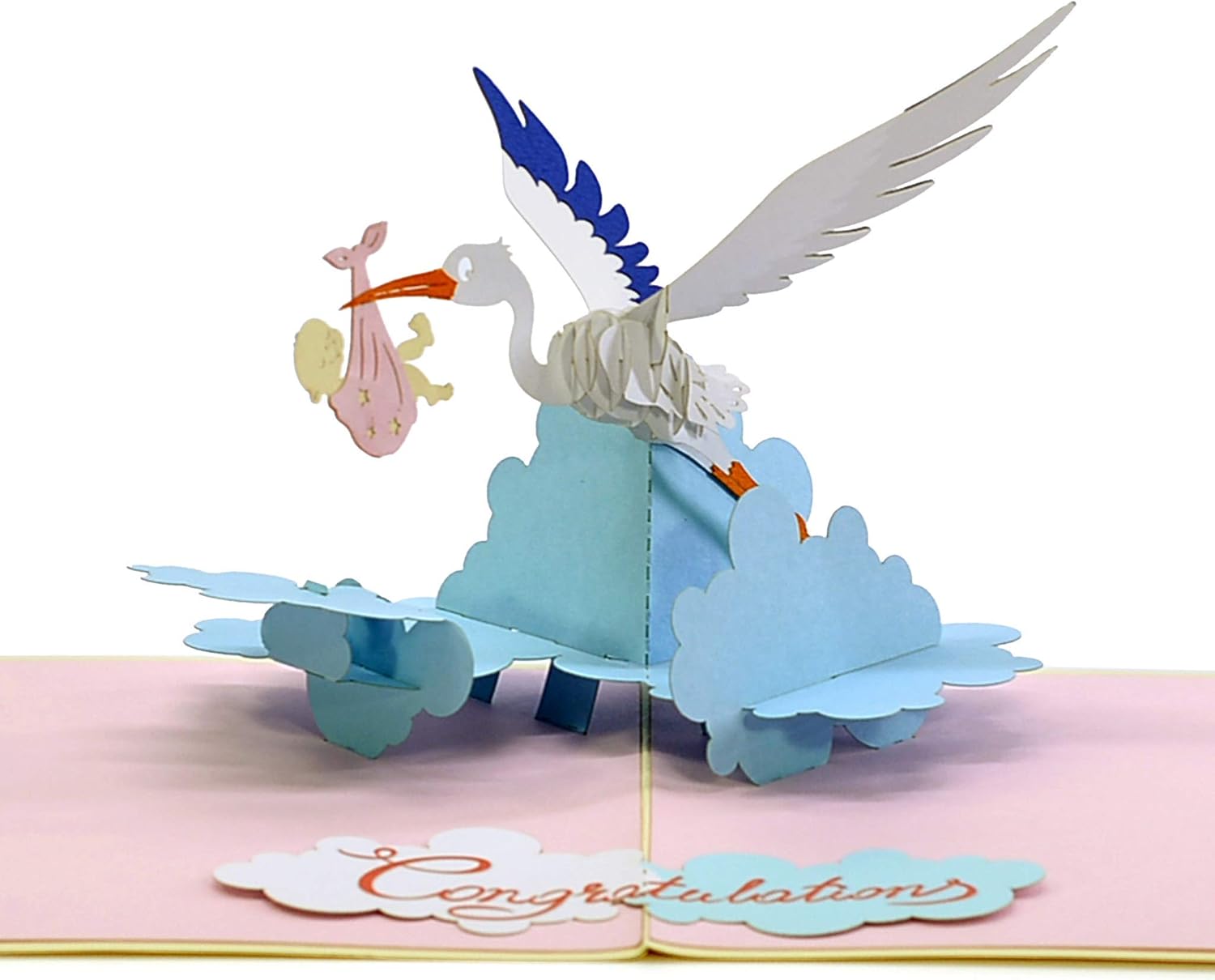 CUTE POPUP 3D Pop Up Baby Shower Card with Stork Design - Handmade Laser-Cut Greeting Card for New Baby Announcement - 6x6 Inch, Envelope Included image 2