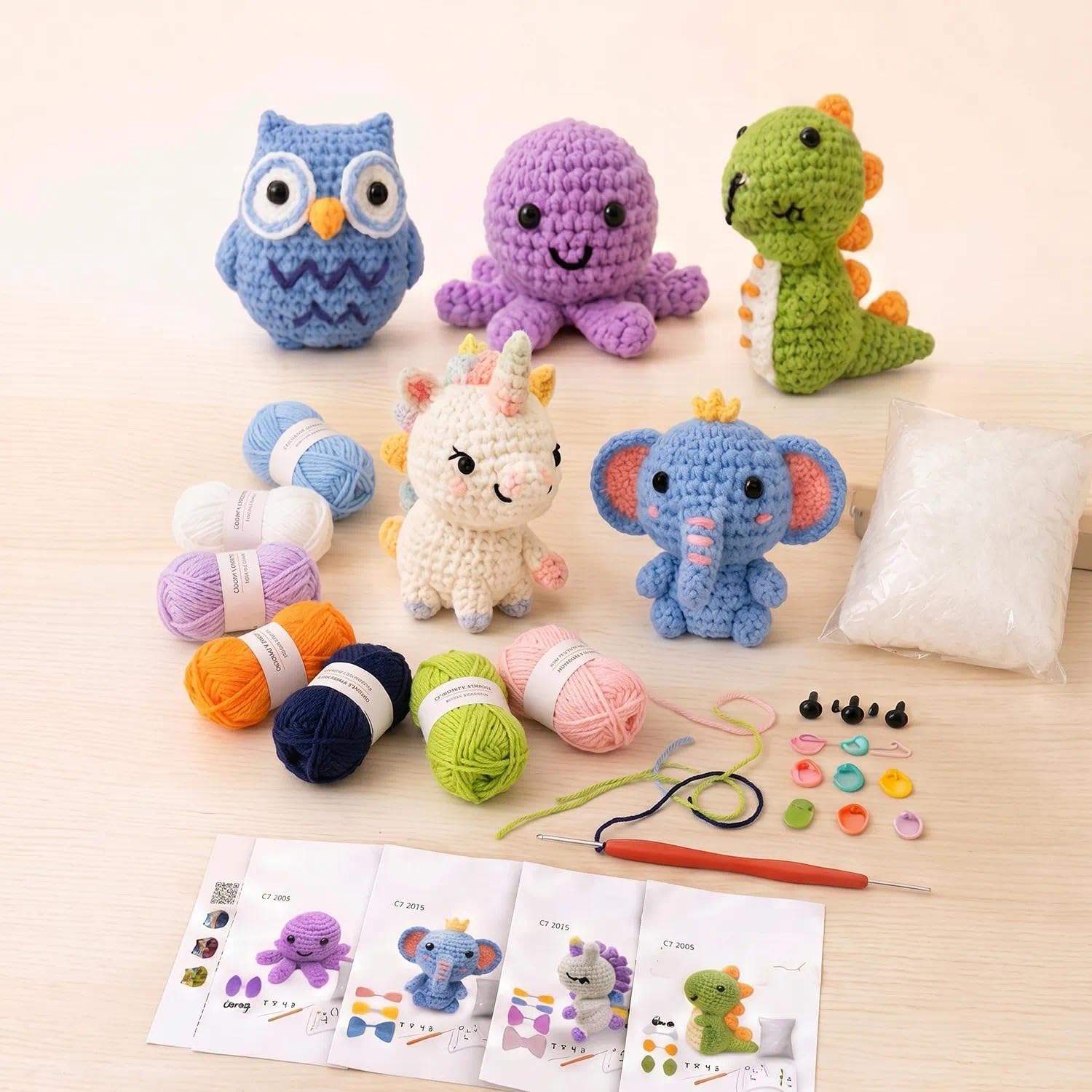 Kit per uncinetto a forma di animale, per principianti e adulti, set completo per realizzare 5 bambole con animali, per imparare a lavorare a maglia, kit con istruzioni e video tutorial