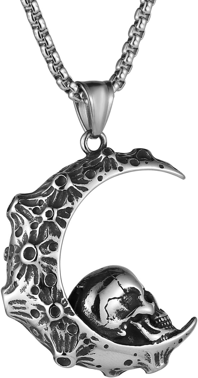 HZMAN Mens Women Gothic Retro Moon Crescent Skull Stainless Steel Pendant Necklace 22+2 Inch Chain