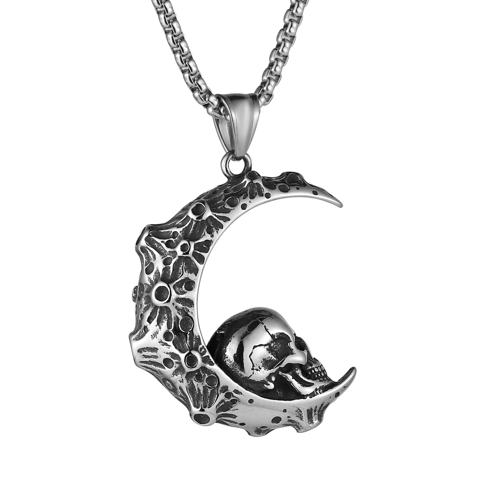 HZMAN Mens Women Gothic Retro Moon Crescent Skull Stainless Steel Pendant Necklace 22+2 Inch Chain