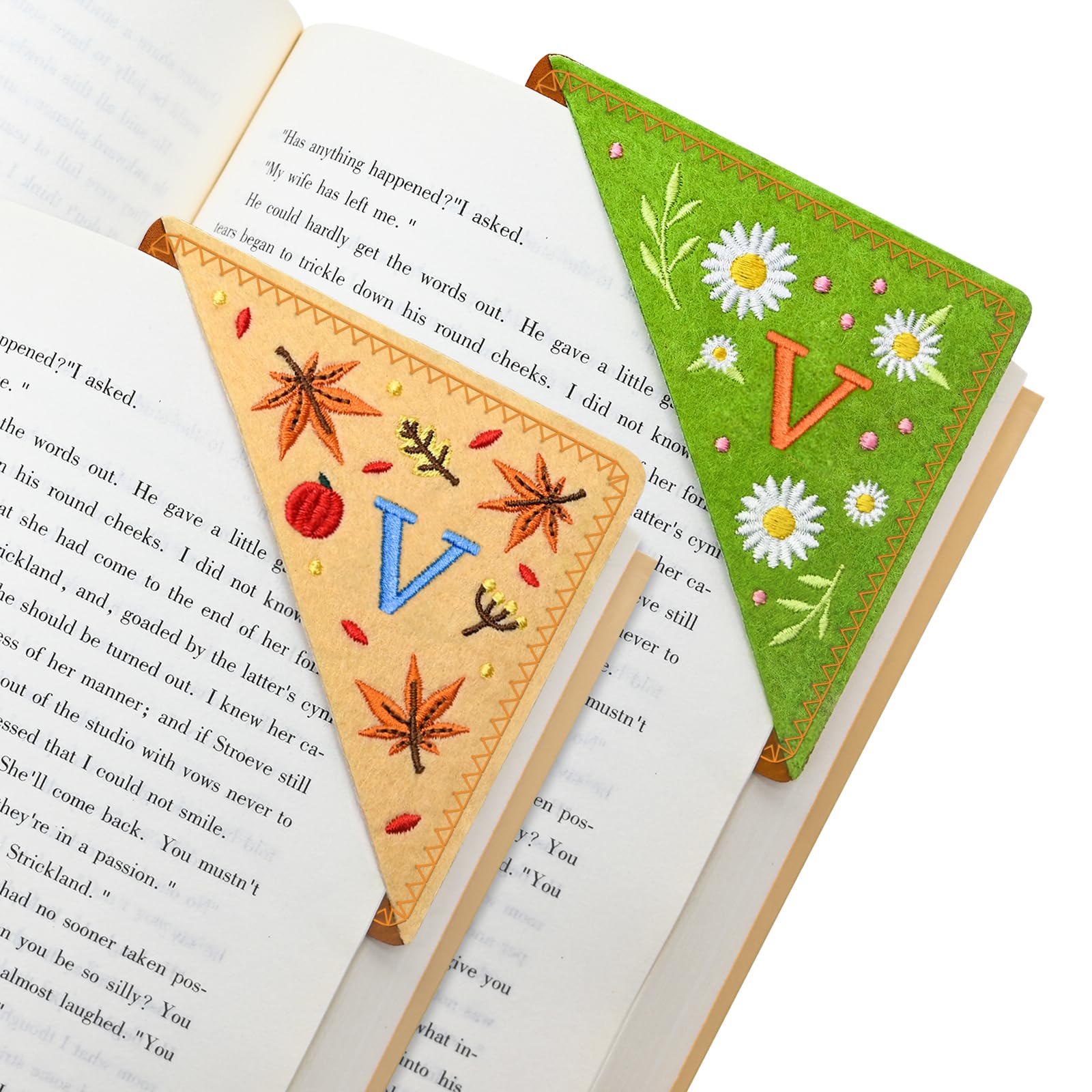 2 PCS Personalized Letter Bookmarks, Cute & Fun Book Accessories for Reading Lovers, Hand Embroidered Leather Page Markers for Women Girls Students Teachers Retirement Birthday Gifts (Spring&Fall, V)