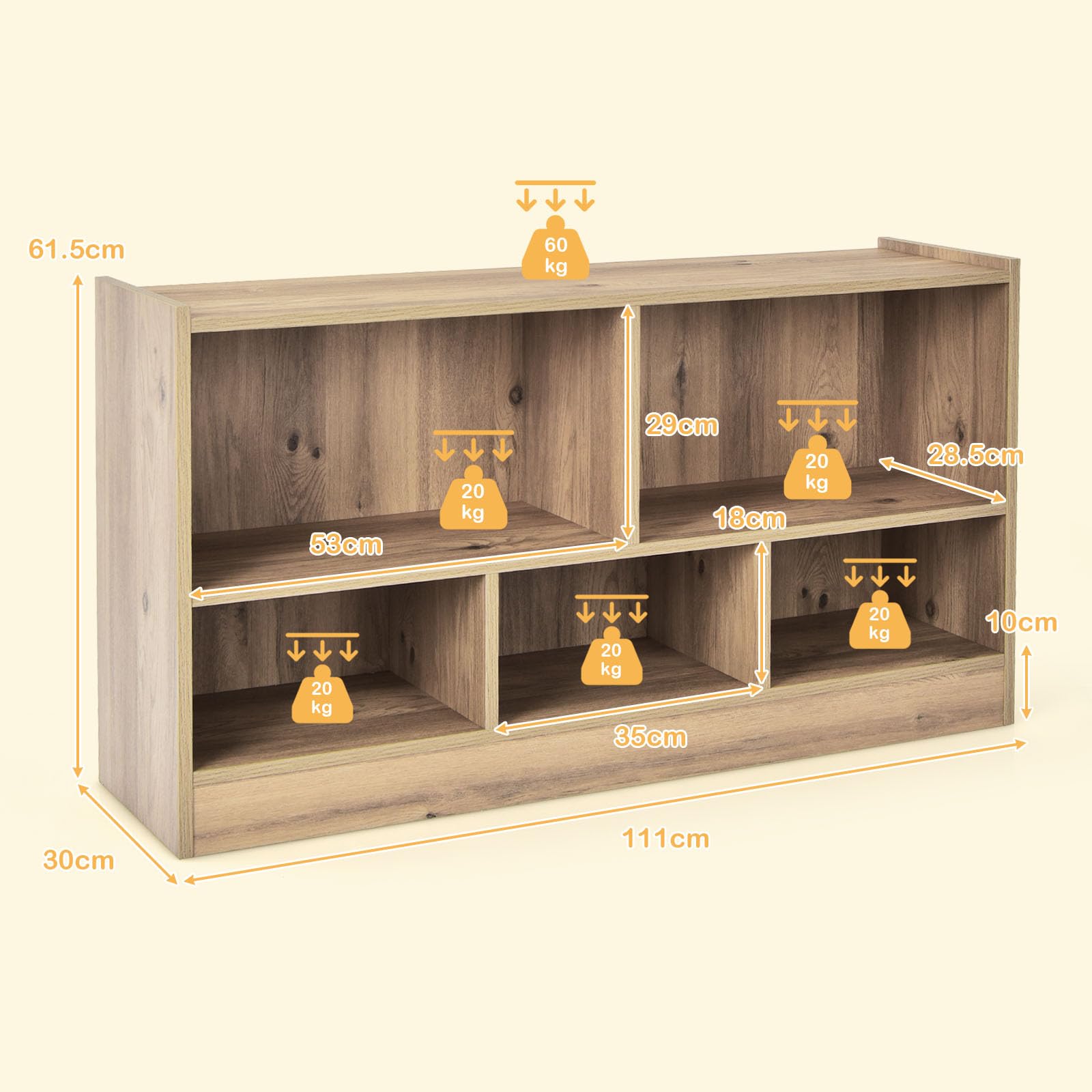 HOMASIS Armario de juguetes de 2 niveles con 5 compartimentos, estantería infantil de madera, estantería abierta, estantería de almacenamiento para juguetes, para habitación infantil, sala de juegos
