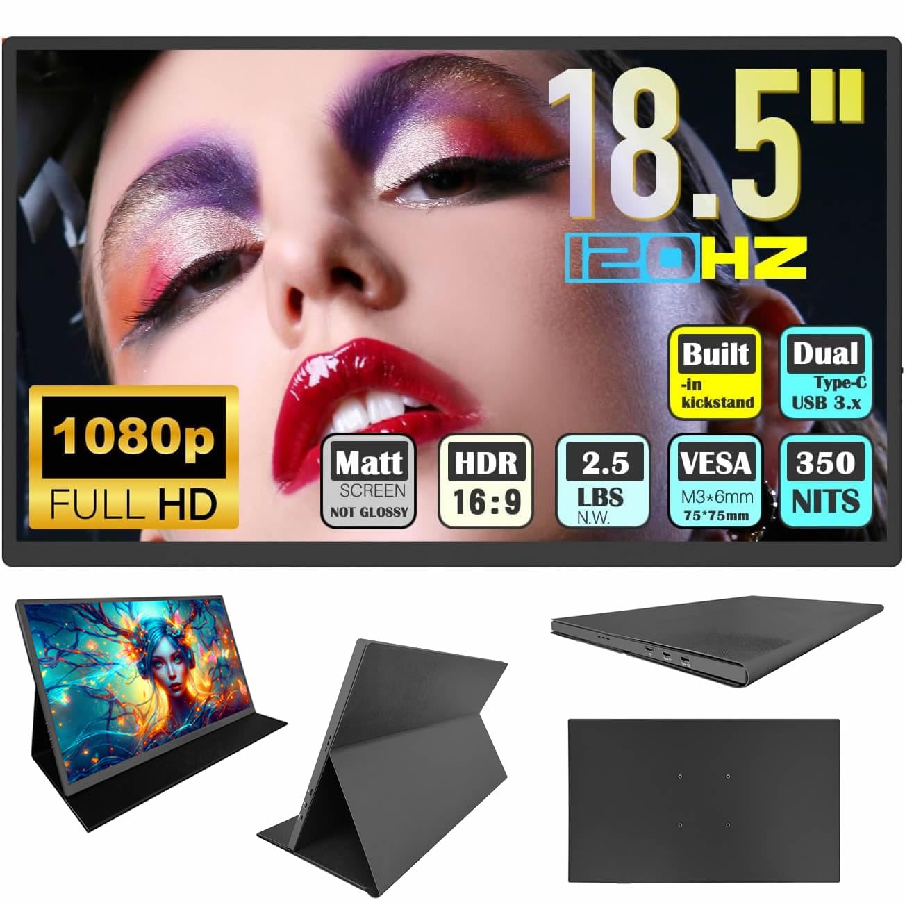 Bimawen Product Image 18.5 Inch Portable Laptop Monitor 120Hz 100% sRGB 1080p CNC Frame, Integrated Support, Compatible with USB 3.x Phones Computers and Gaming Devices