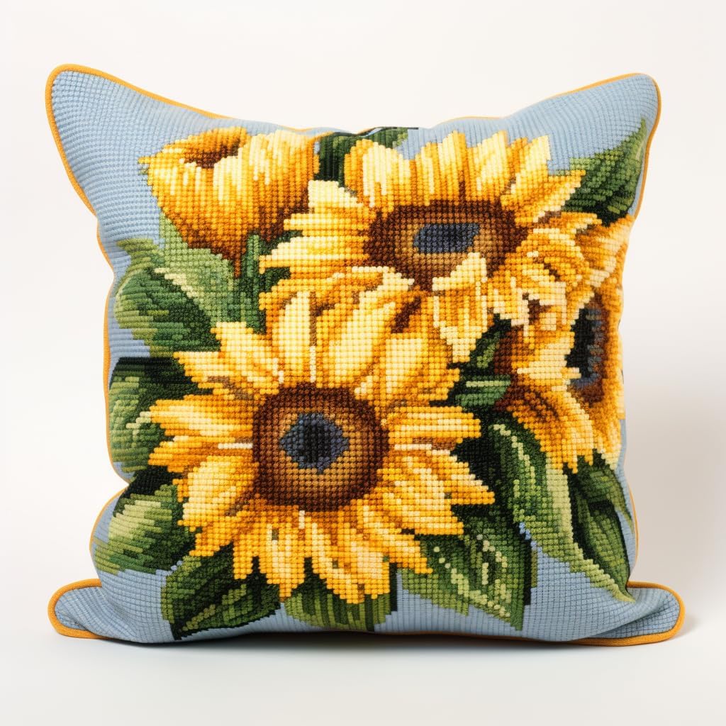 Sunflowers Latch Hook Pillow Kits Printed Embroidery Pillowcase DIY Crochet Yarn Hook and Latch Craft Art Cushion for Home Christmas Decoration 43x43cm(3)