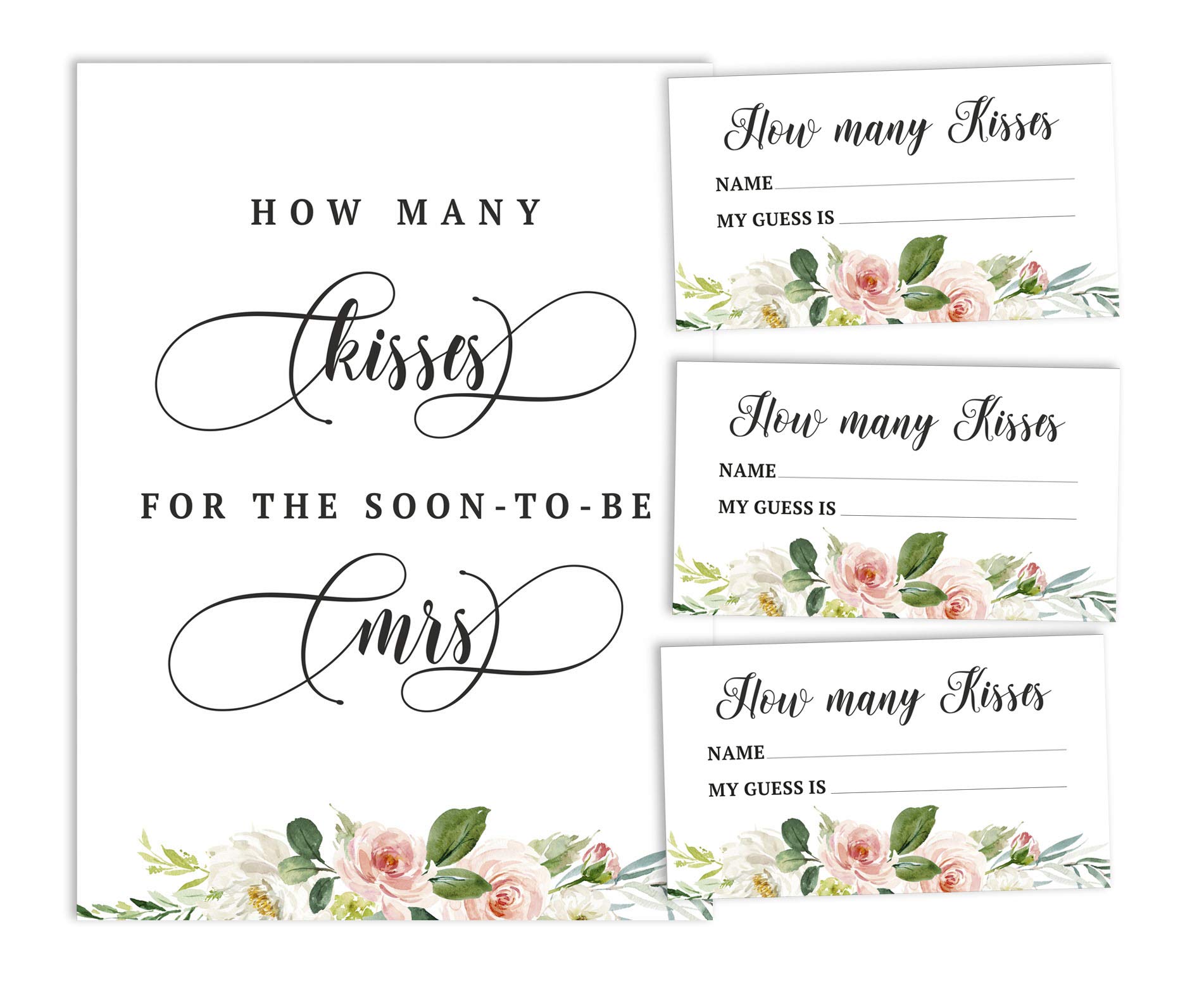 How Many Kisses for The Soon to Be Mrs Floral Brunch & Bubbly White Bridal Shower Game 1 Sign + 30 Cards