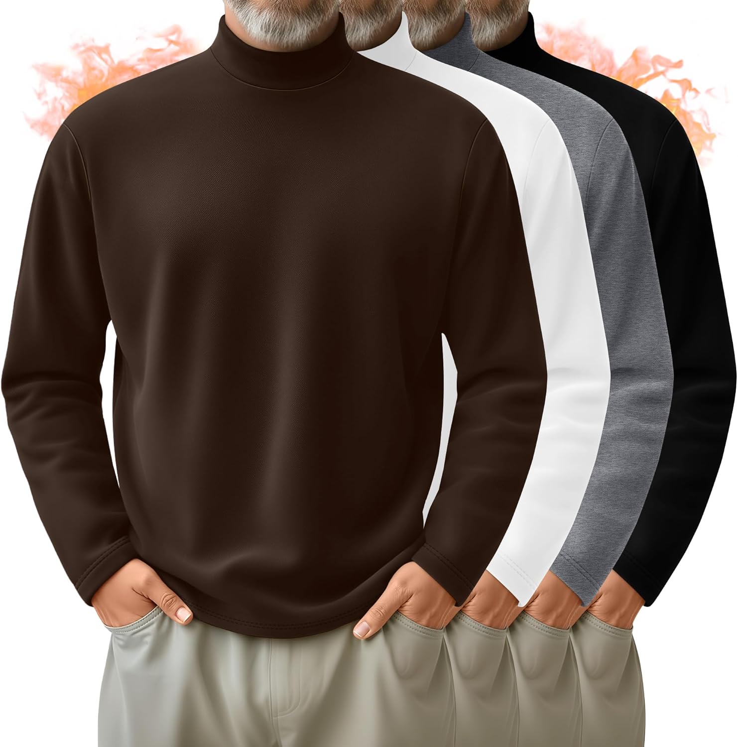 4 Pack Men's Mock Turtleneck Shirts, Long Sleeves Thermal Pullover Sweater Casual Undershirt Loose Fit Tops