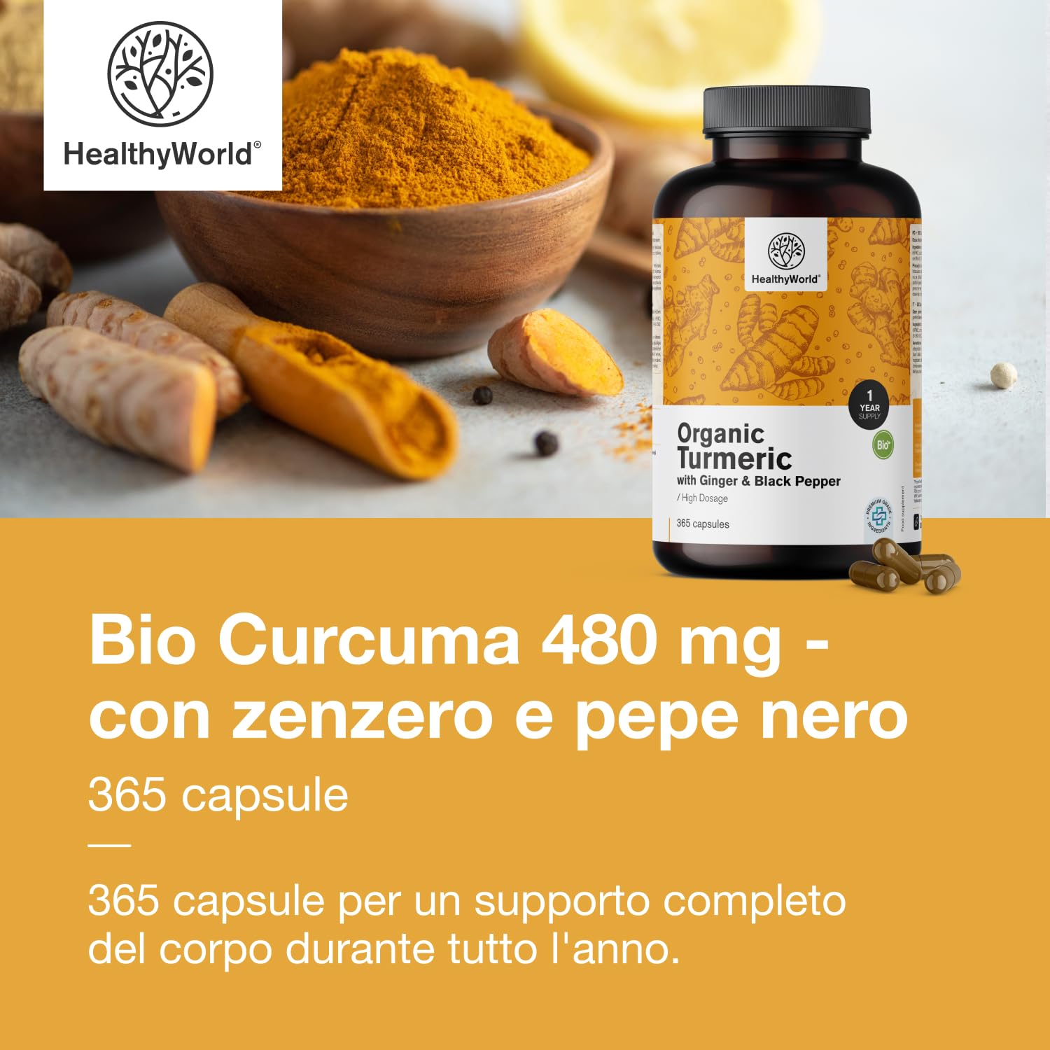HealthyWorld BIO Curcuma 480 mg con Zenzero e Pepe Nero - 365 Capsule Vegetali - 1-anno di Fornitura - Per il sostegno delle Difese Immunitarie, del Fegato, delle Vie Respiratorie e del Cuore