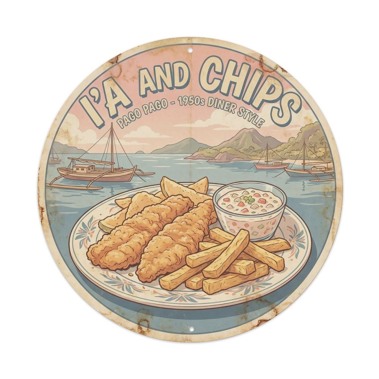 American Samoa Seaside Fish Chips Vintage Culture Metal Tin Sign