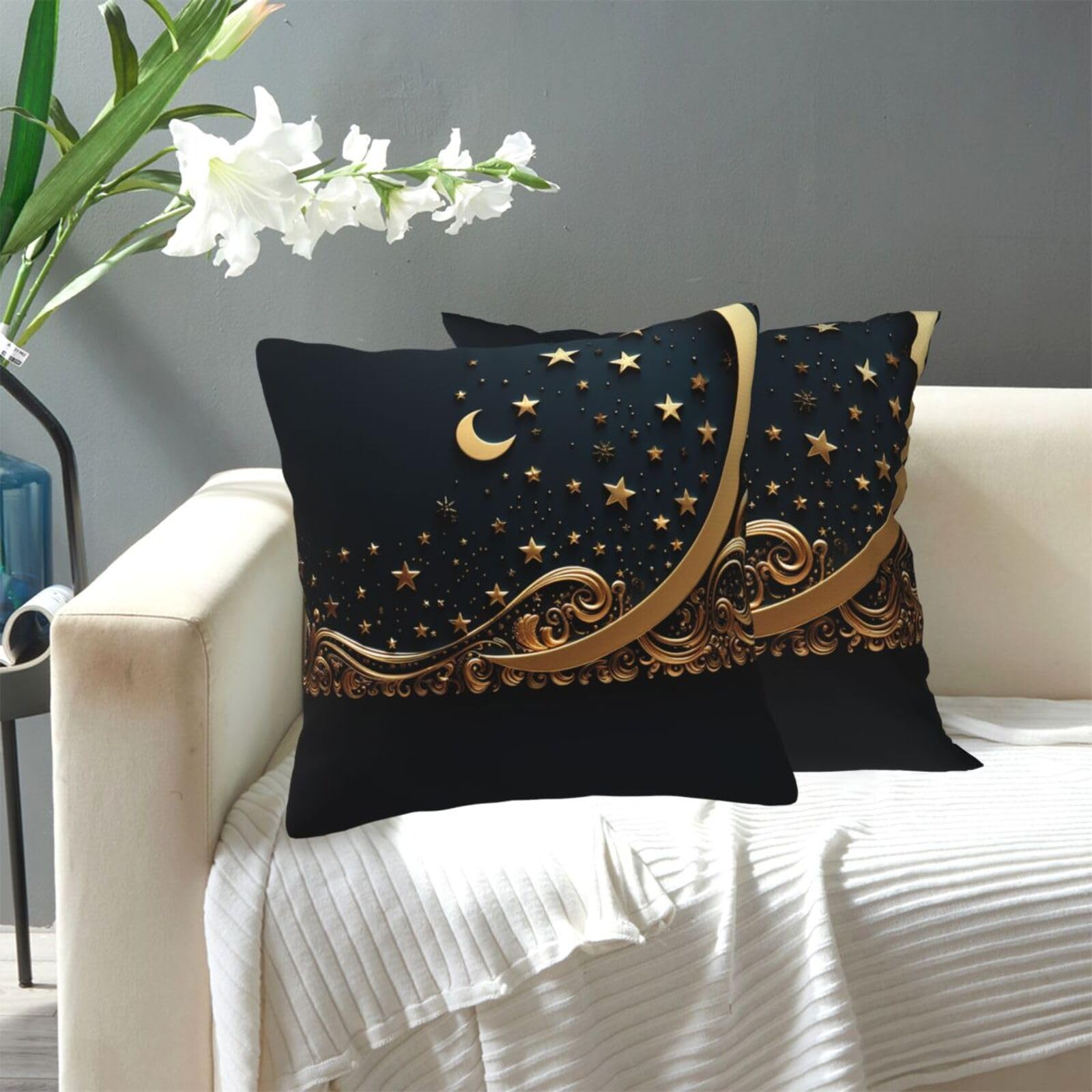 FekiLoot Decorative Throw Pillow Covers Modern Farmhouse Pillowcase Double Sided Cozy Cushion Cover for Sofa Couch Bed 12"X12" Golden Background and Crescent Moon