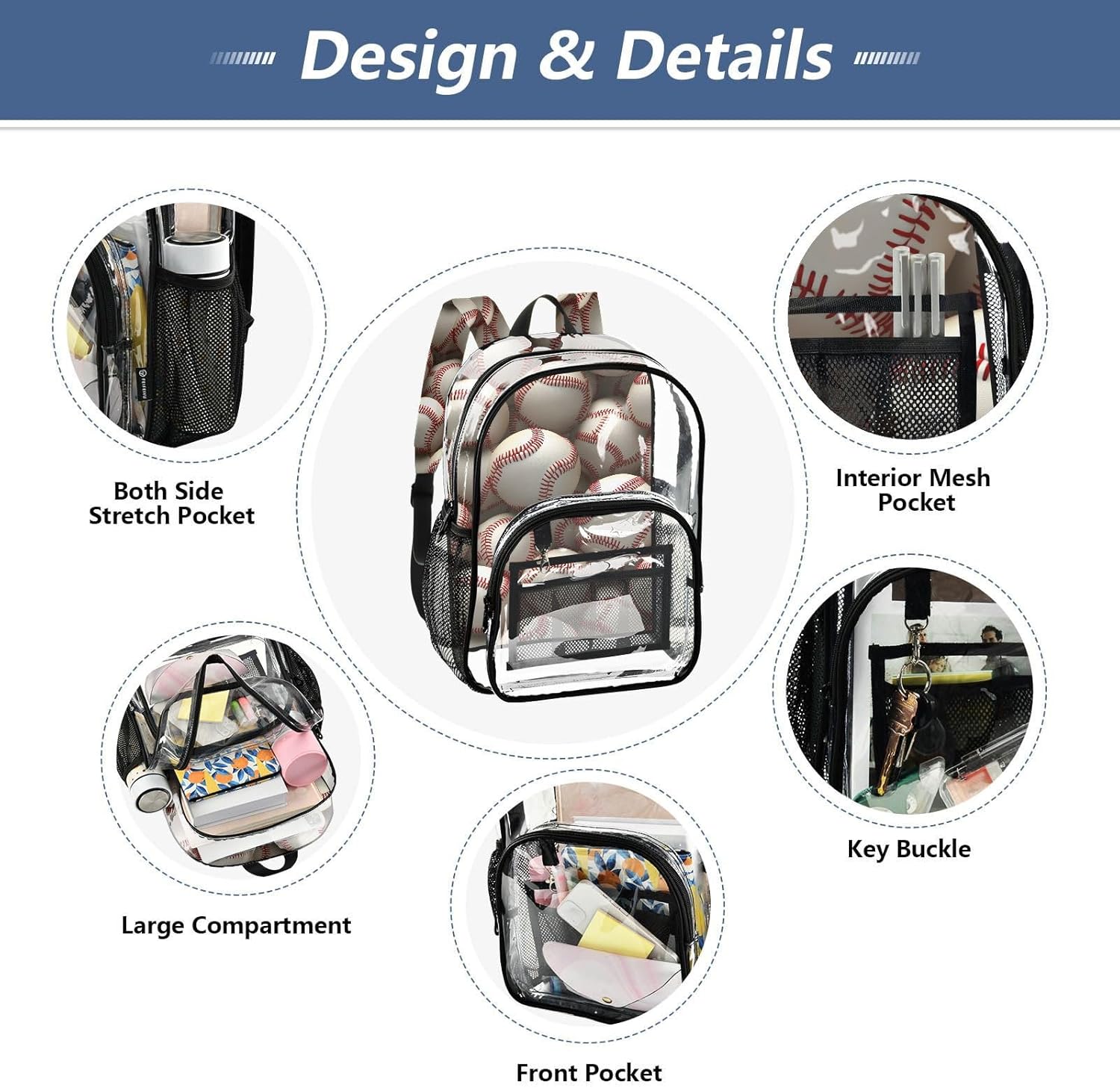 Baseball 3D White Clear Backpack Heavy Duty See Through Transparent PVC BookBag for Kids Boy Girl Adult School Work