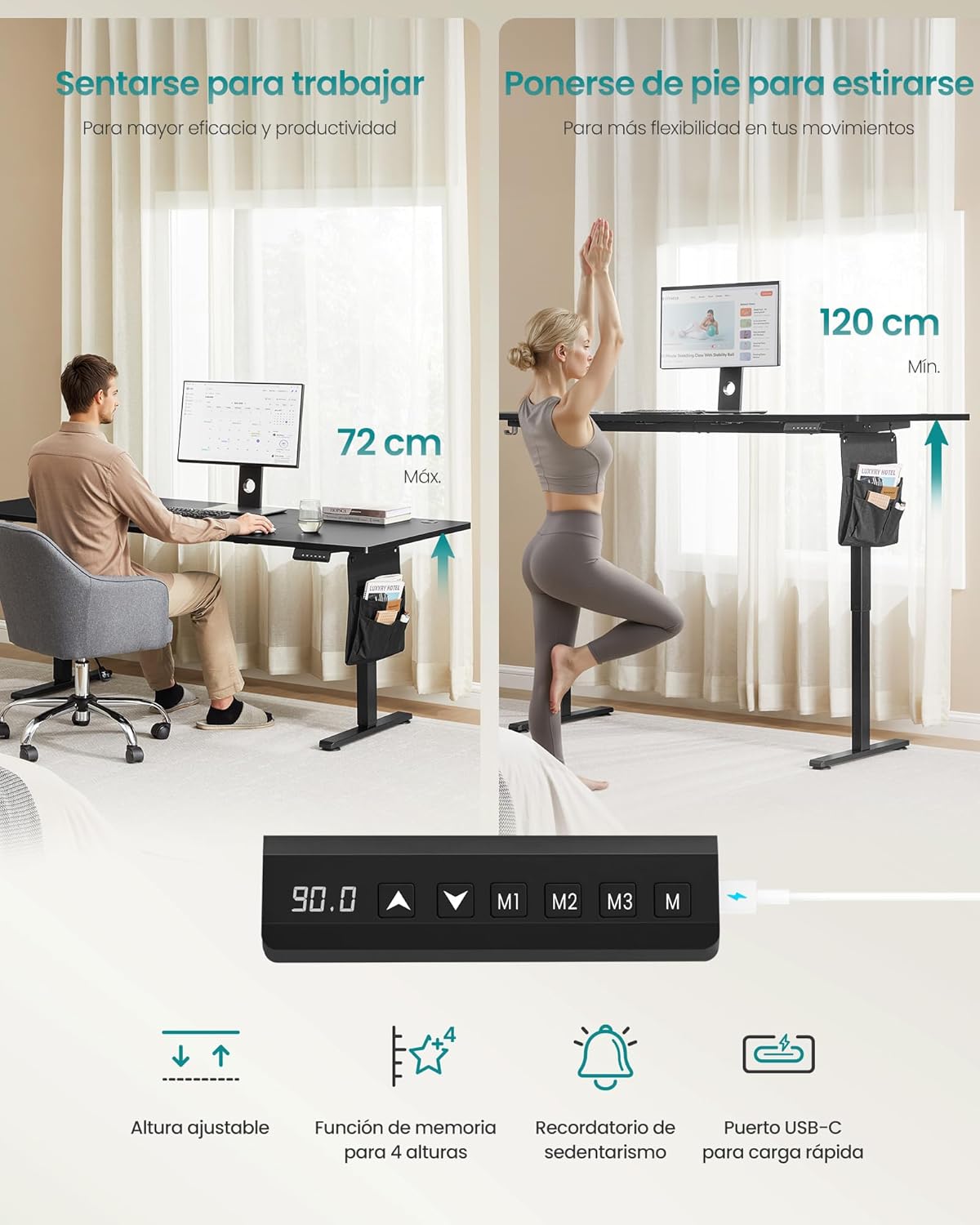 A person sitting at the desk at 72 cm height and another person standing at the desk at 120 cm height, demonstrating the adjustable range. The control panel is shown with buttons for up, down, and memory presets.