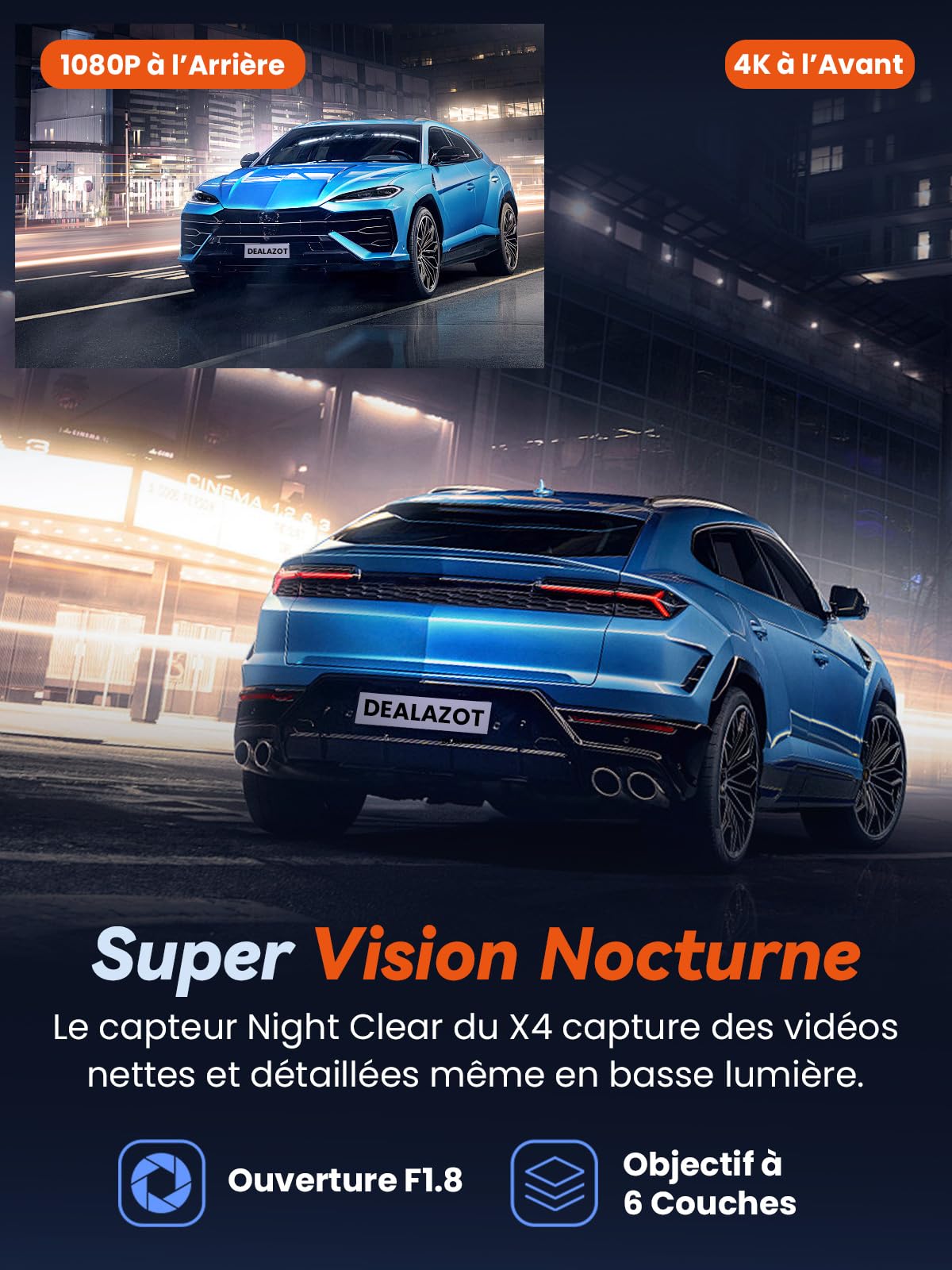 Dashcam Voiture Avant Arrière, Caméra 4K+1080P, Wi-Fi 5GHz avec Contrôle via App, Carte SD 64Go, Vision Nocturne, Stationnement 24H, Capteur G, Grand Angle 170°, WDR, Installation Facile (X4)