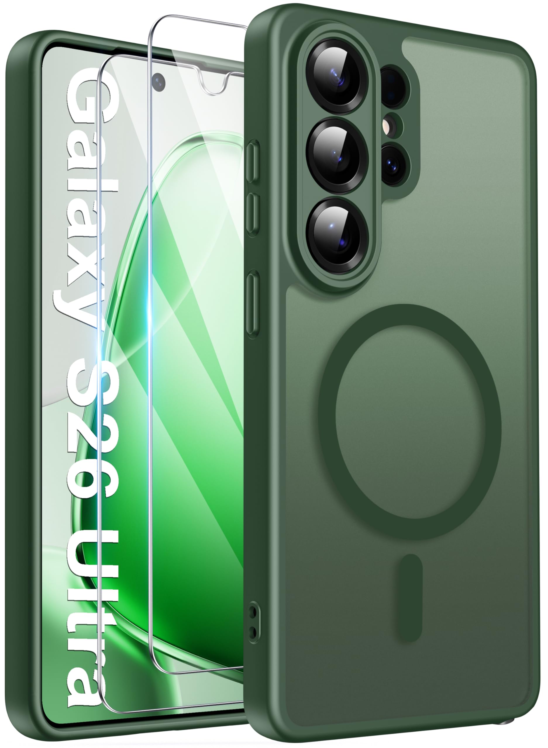 Opkiegrn für Samsung Galaxy S25 5G Hülle, Kompatibel mit MagSafe mit 2 Stück Panzer Schutz Glas Folie, KameraSchutz Folie Stoßfest Kratzfest Transluzente Matt Handyhülle für Samsung S25, Grau