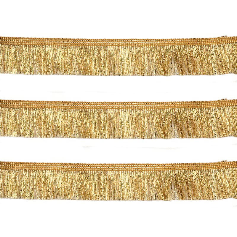 Yalulu 10 Meters Fringe Tassel Trim, Gold Polyester Fringing Lace Trim Chainette Fibre Fringe Trim for Clothes Lamp Shade Curtain Accessories (3cm)