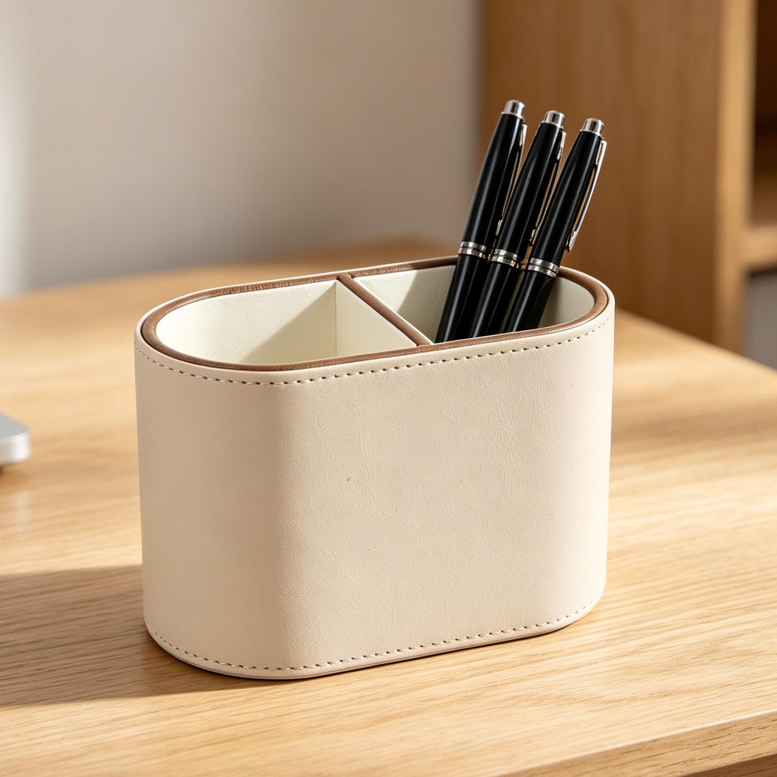 Portalápices con 2 compartimentos - Soporte para bolígrafos de cuero sintético - Organizador de escritorio para mandos a distancia, brochas de maquillaje, material de oficina, dormitorio