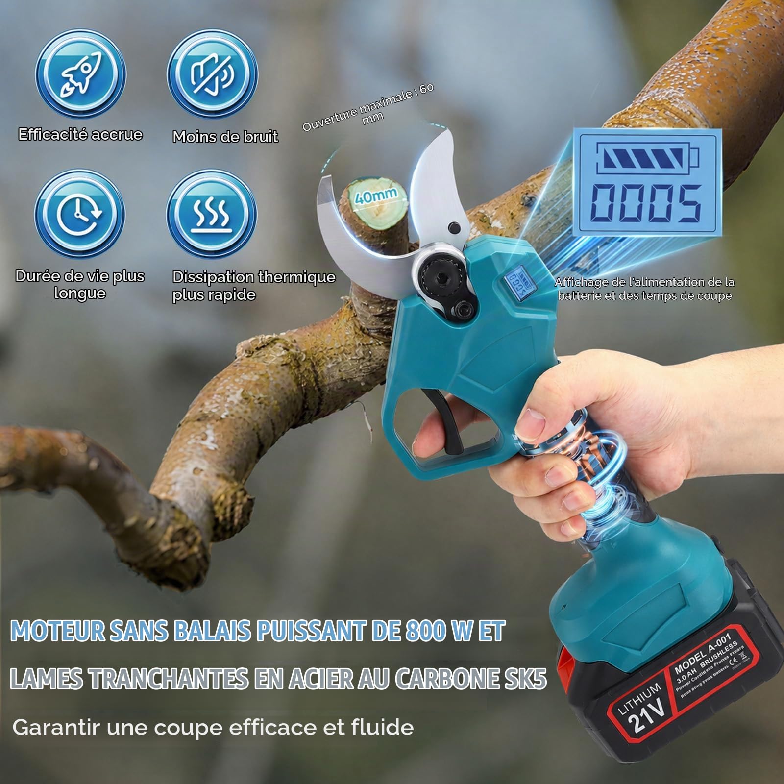 Élagueuse sur perche sans fil 2-en-1 | Perche télescopique de 2,3 m | Écran LCD | 2 batteries 21 V 3,0 Ah | Diamètre de coupe de 40 mm | Compatible Makita | Élagueuse sans fil (2 IN 1)