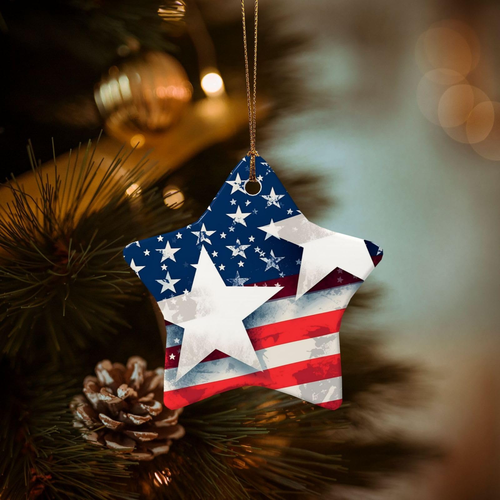 Christmas Tree Ornaments Ceramics Christmas Decorations Stars and American Flag Ornaments with Gold Ribbon Porcelain Xmas Tree Crafts Star Shape Hanging Pendant for Christmas Tree Party Decor