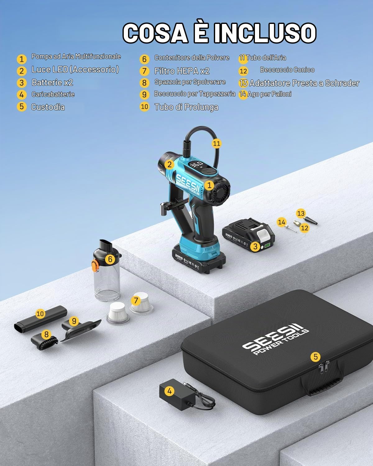 SEESII Compressore pneumatici doppia batteria 150 PSI LED