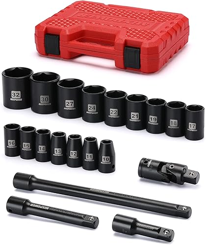 MIXPOWER Juego de dados de impacto poco profundo de 1/2 pulgada, tamaño métrico, 0.394 in-1.260 in, CR-V Proyecto de reparación y mecánico de 6
