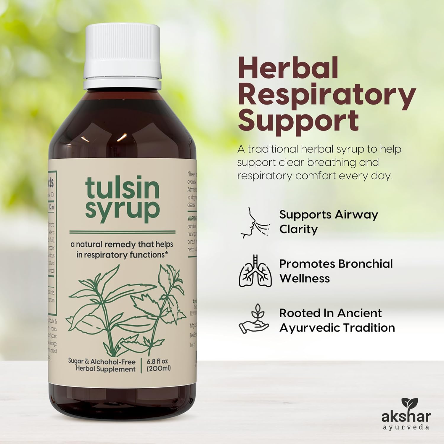 AKSHAR Ayurveda - Tulsin Syrup, Natural Cough Syrup with Licorice, Ginger, Turmeric, Basil, Malabar Nut - Respiratory Lung Health Supplements, Mucus Relief & Bronchial Wellness Syrup (2 Pack) - Image 2