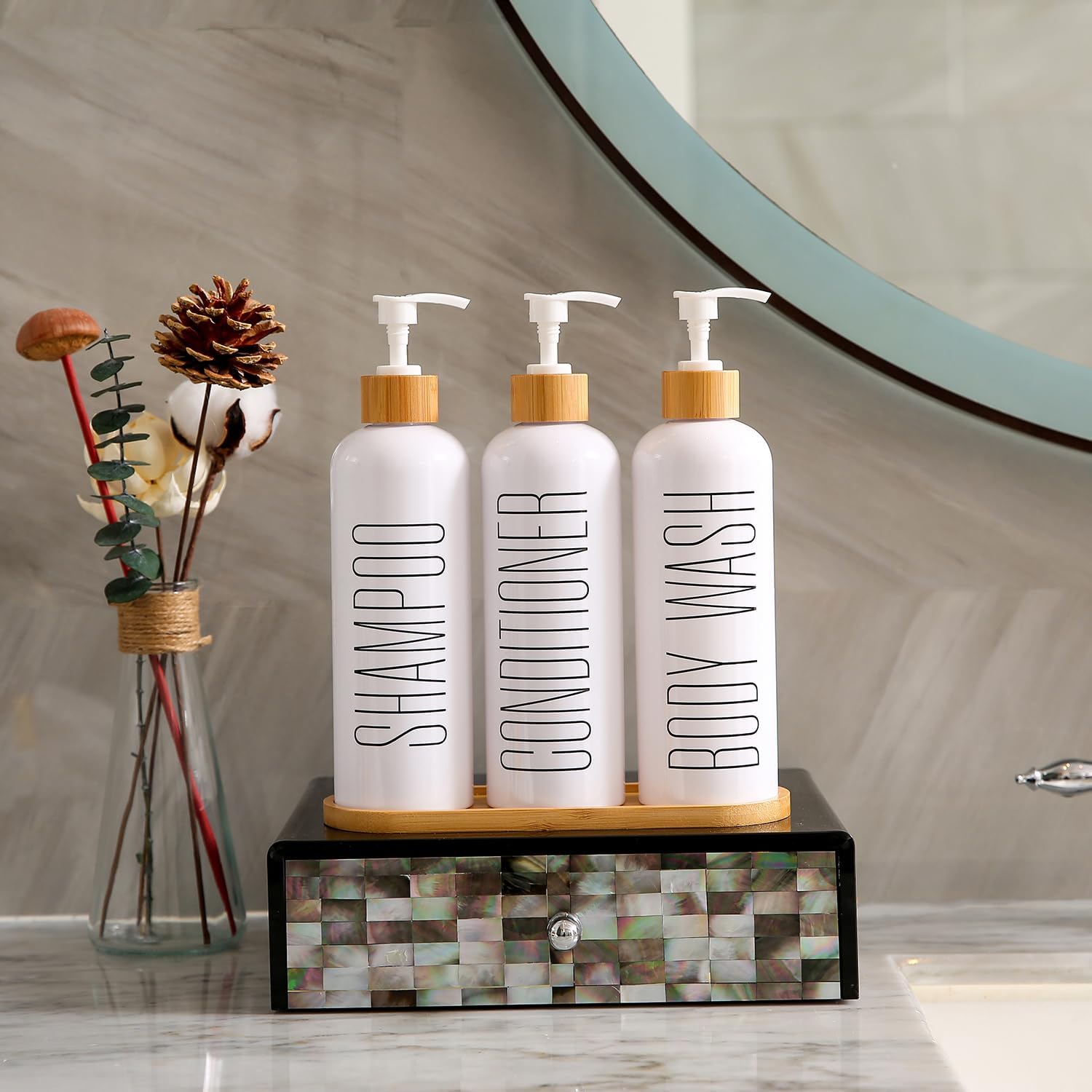 Shampoo and Conditioner Dispenser, Contains Shampoo Conditioner Body Wash Dispenser. Shower Soap Dispenser with Bamboo Pumps & Tray, Perfect for Modern Bathroom Decor. (White) - Image 3