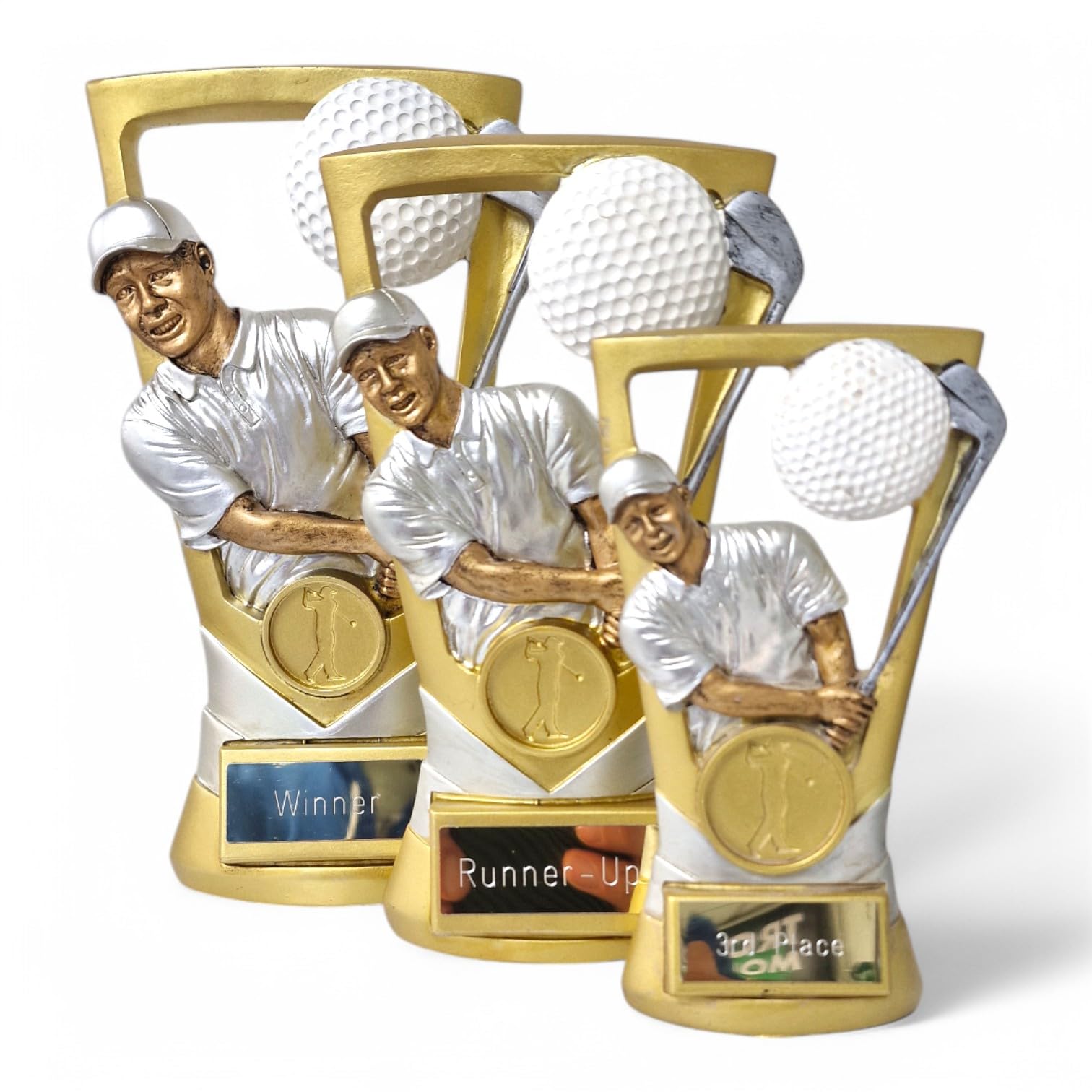 Trophy Monster Paquete completo de premios de golf de 3 piezas para el día del golf, platos grabados incluidos, hecho de resina, paquete a granel