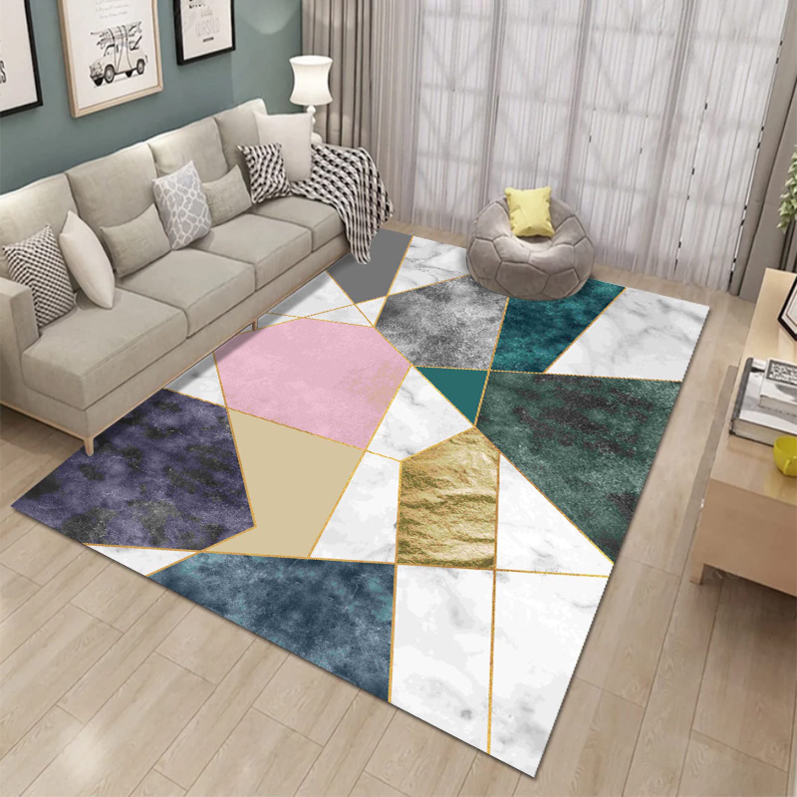 Tapis marbre or rose 120x160cm antidérapant et grand paillasson lavable pour salon et entrée