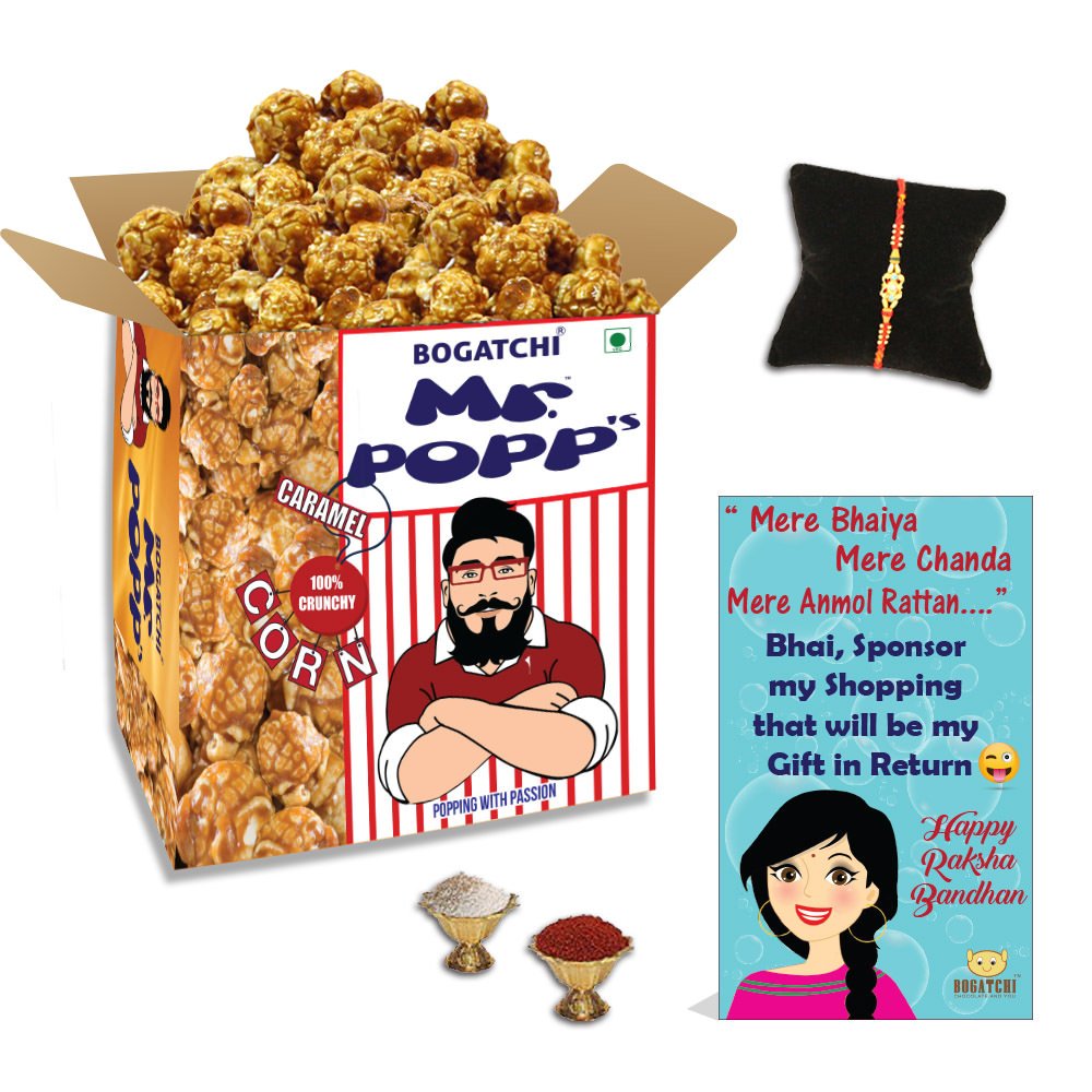 BOGATCHI Mr.POPP's Caramel Popcorn, 100% Crunchy Delicious Fully Popped Corns, Handcrafted Gourmet Popcorn Snacks, Best Rakhi Gift for Brother 250g + Free Happy Rakhi Greeting Card + Free Rakhi-picture-33
