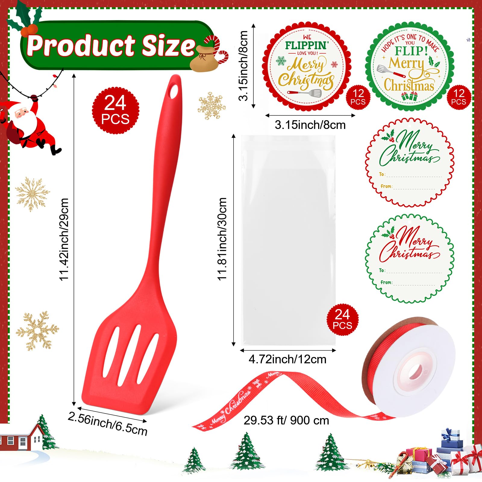 Reallnaive Paquete de 24 espátulas de silicona de Navidad, utensilios de cocina de Navidad, regalos a granel, espátula ranurada de silicona resistente al calor, utensilios de cocina de silicona para