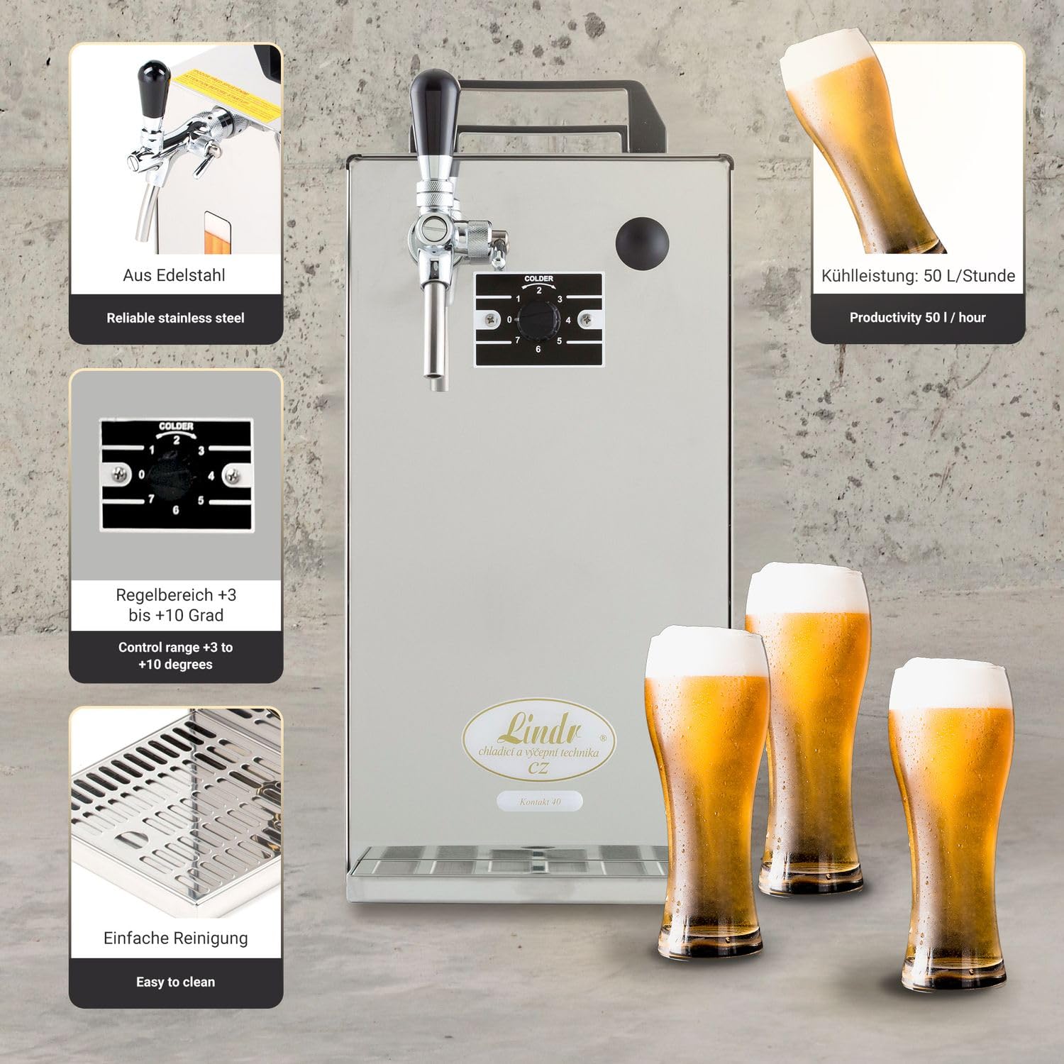 Grifo con refrigeración, enfriador continuo para cerveza, contacto 40/K de Lindr, dispensador de cerveza refrigerado, potente grifo de cerveza, 1 línea, 50 litros/h, Green Line