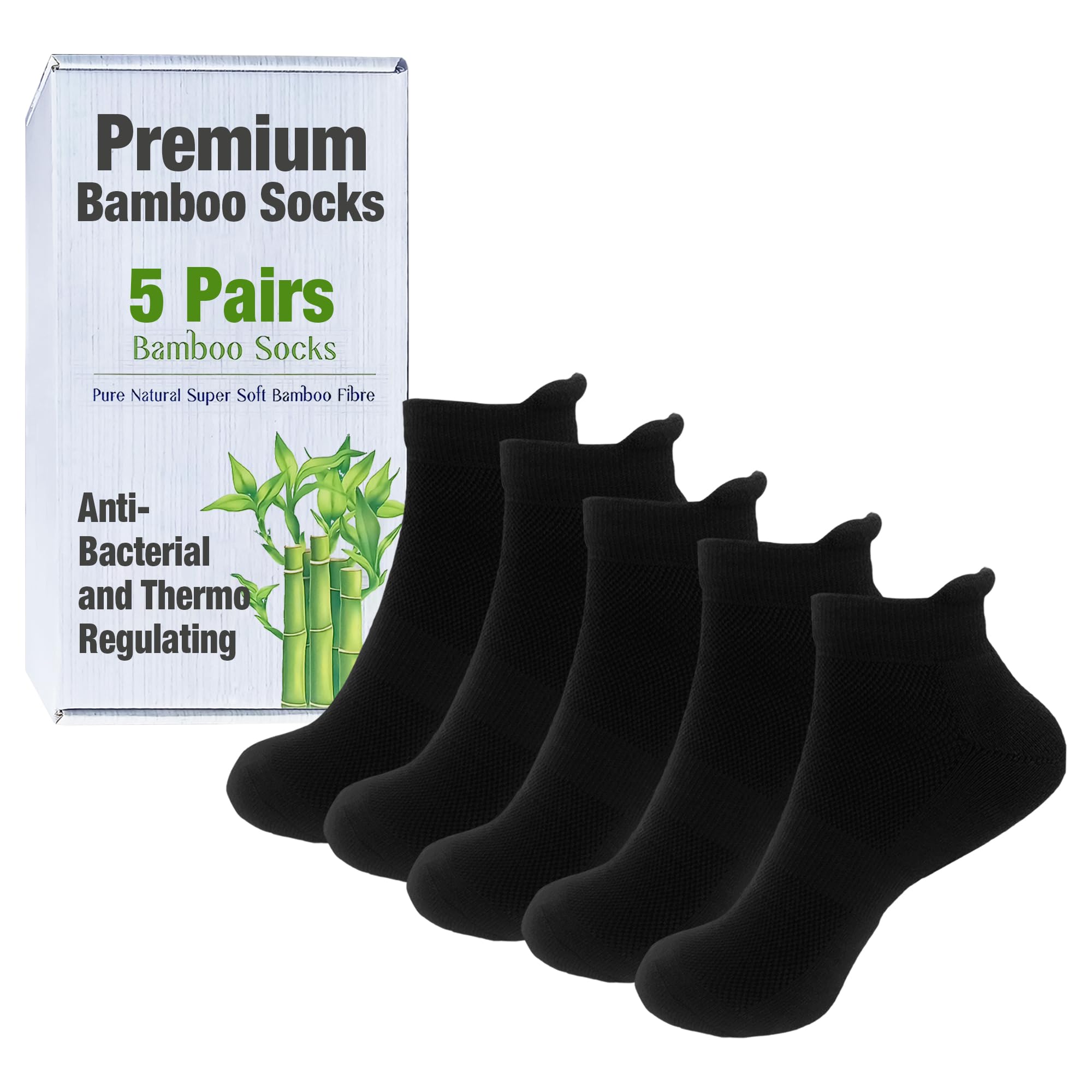 Nivja Unisex Black Bamboo Ankle Socks 5 Pairs | Super Soft Anti-Bacterial Socks (Uk Size 5-11) Color